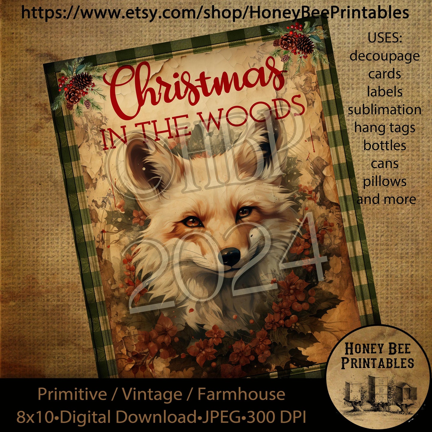 Vintage Primitive Instant Download Printable Decoupage, Vintage Christmas, Country, Christmas in the Woods, Woodland Animals, Fox