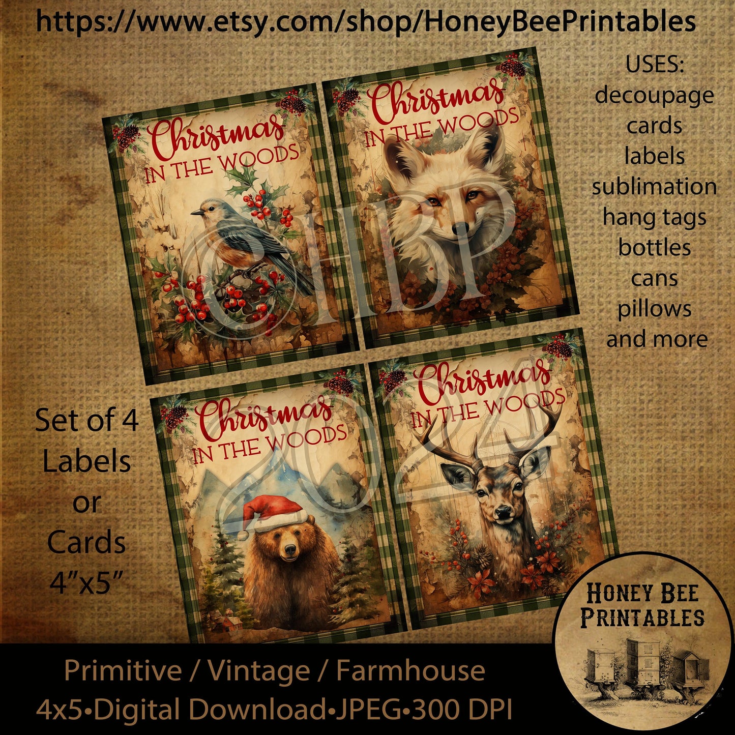 Vintage Primitive Instant Download Printable Decoupage, Christmas in the Woods, Woodland Animals, Fox, Bear, Deer, Bird, Set/4 cards, labels