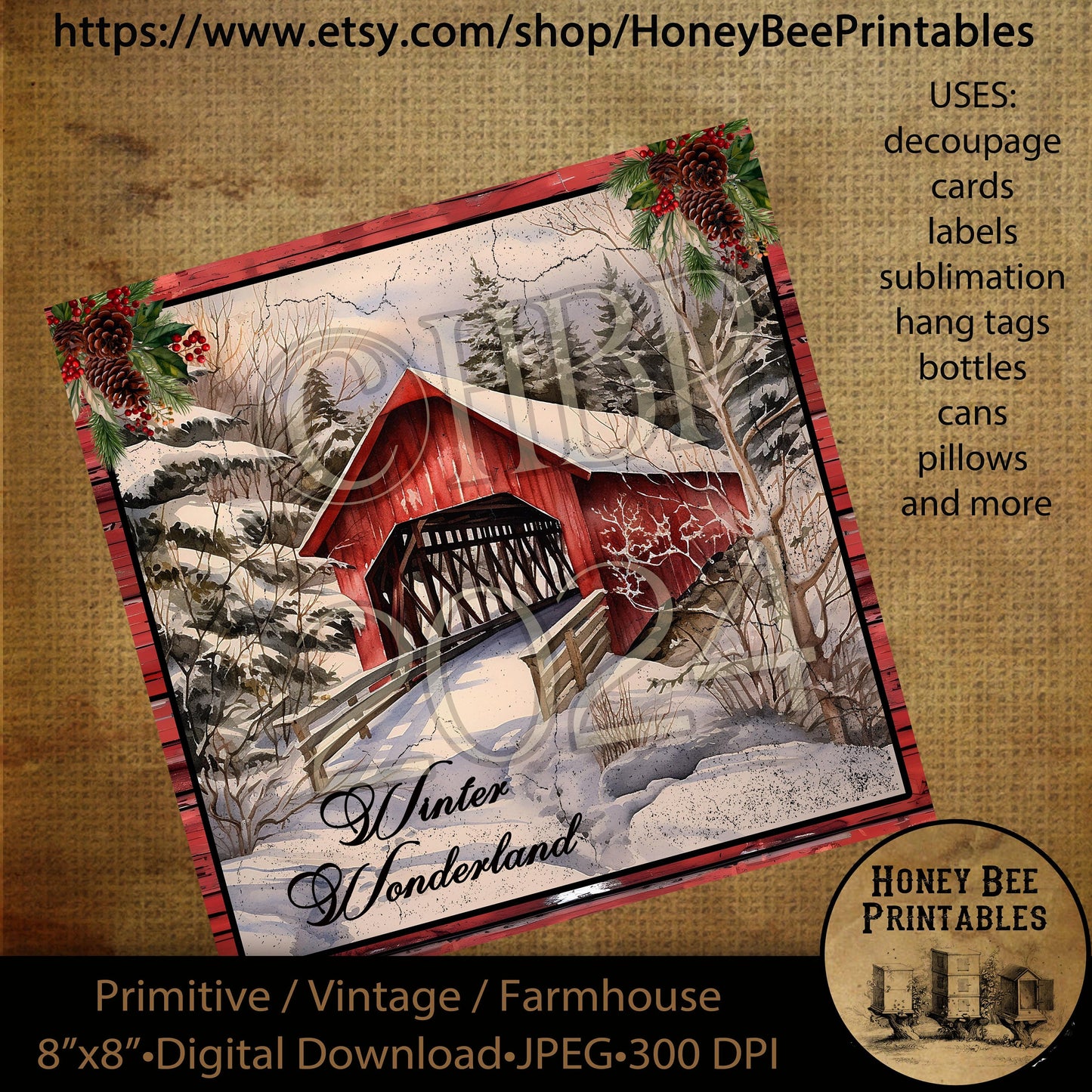 Vintage Primitive Instant Download Printable Decoupage, Christmas, Winter, Winter Wonderland, Red Covered Bridge, Snow, Winter Art, 8x8