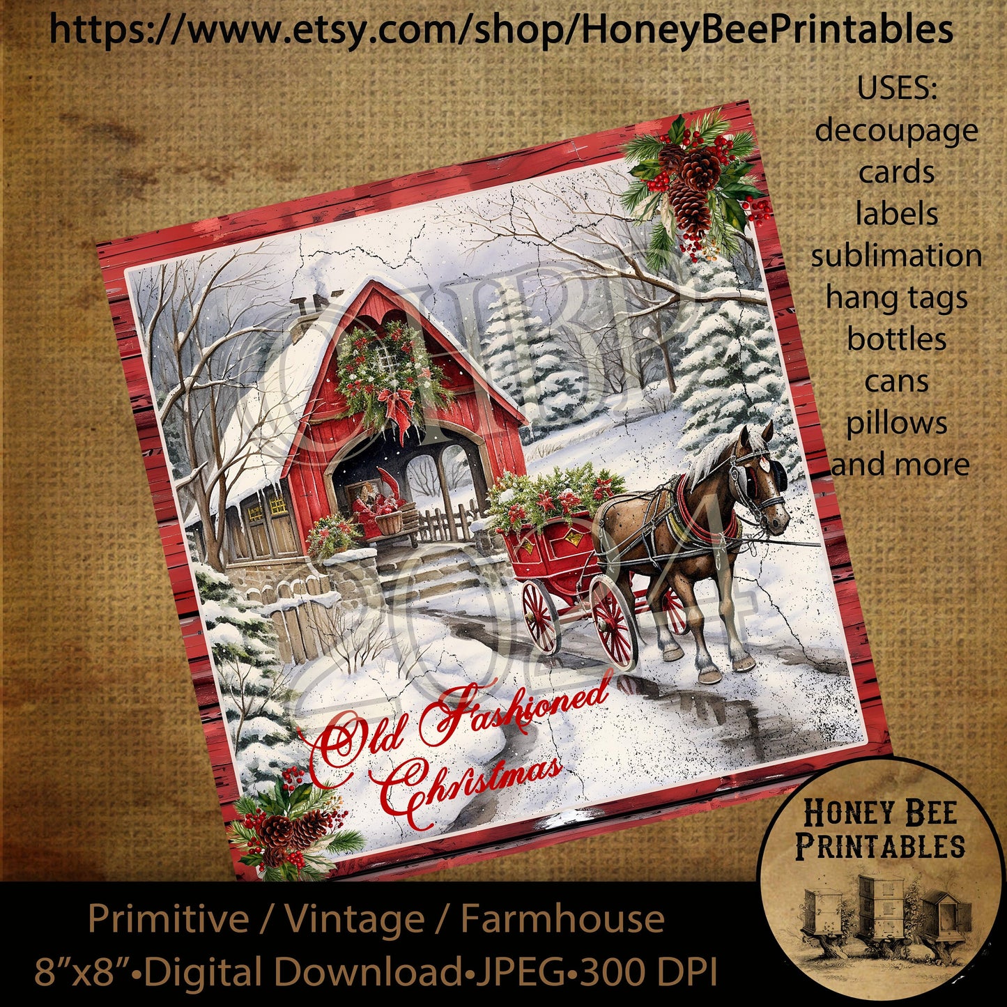 Vintage Primitive Instant Download Printable Decoupage, Christmas, Winter, Winter Wonderland, Red Covered Bridge, Horse and Buggy, 8x8