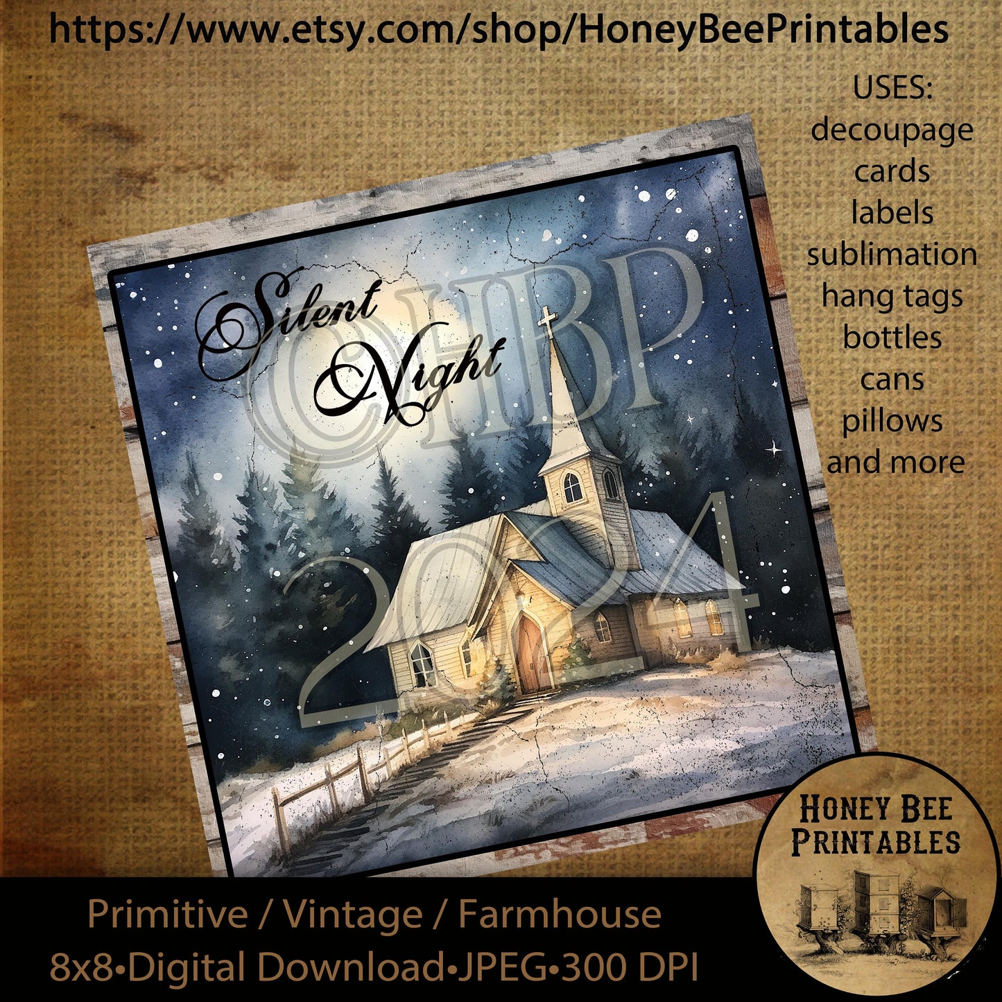 Vintage Primitive Instant Download Printable Decoupage, Christmas Chapel, Silent Night, Snowy Chapel, Winter Chapel, Church, 8x8
