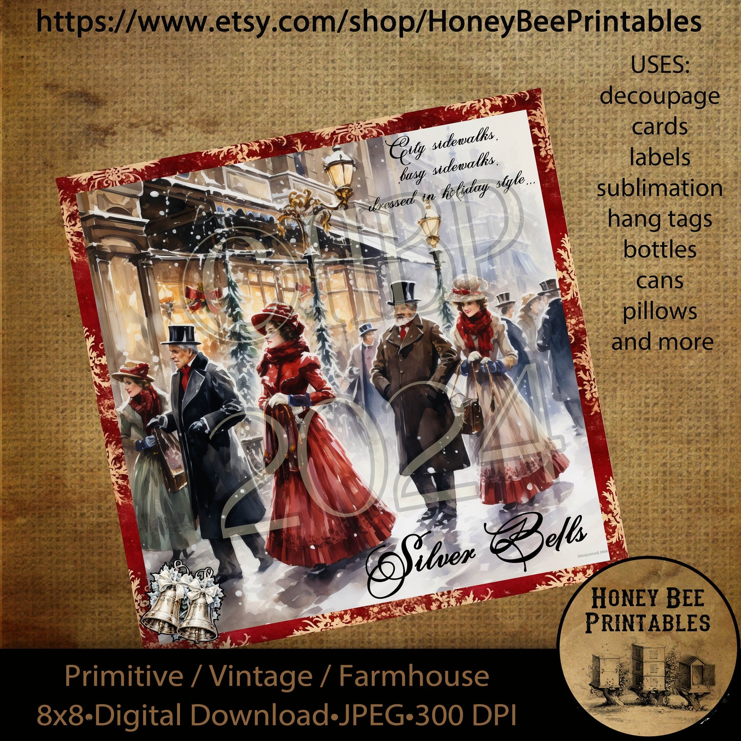 Vintage Primitive Instant Download Printable Decoupage, Christmas, Silver Bells, Victorian Christmas, Old Fashioned, 8x8