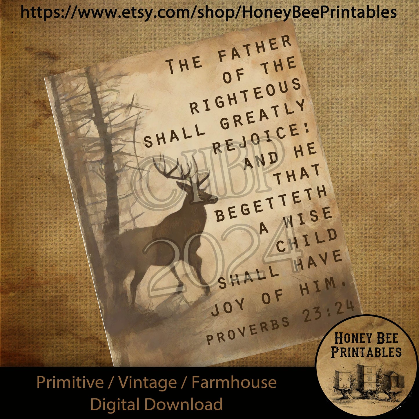 Vintage Digital Download Printable Sublimate Decoupage Primitive, Summer, Father, Dad, Father's Day, Buck, Deer, Hunting, Proverbs 23