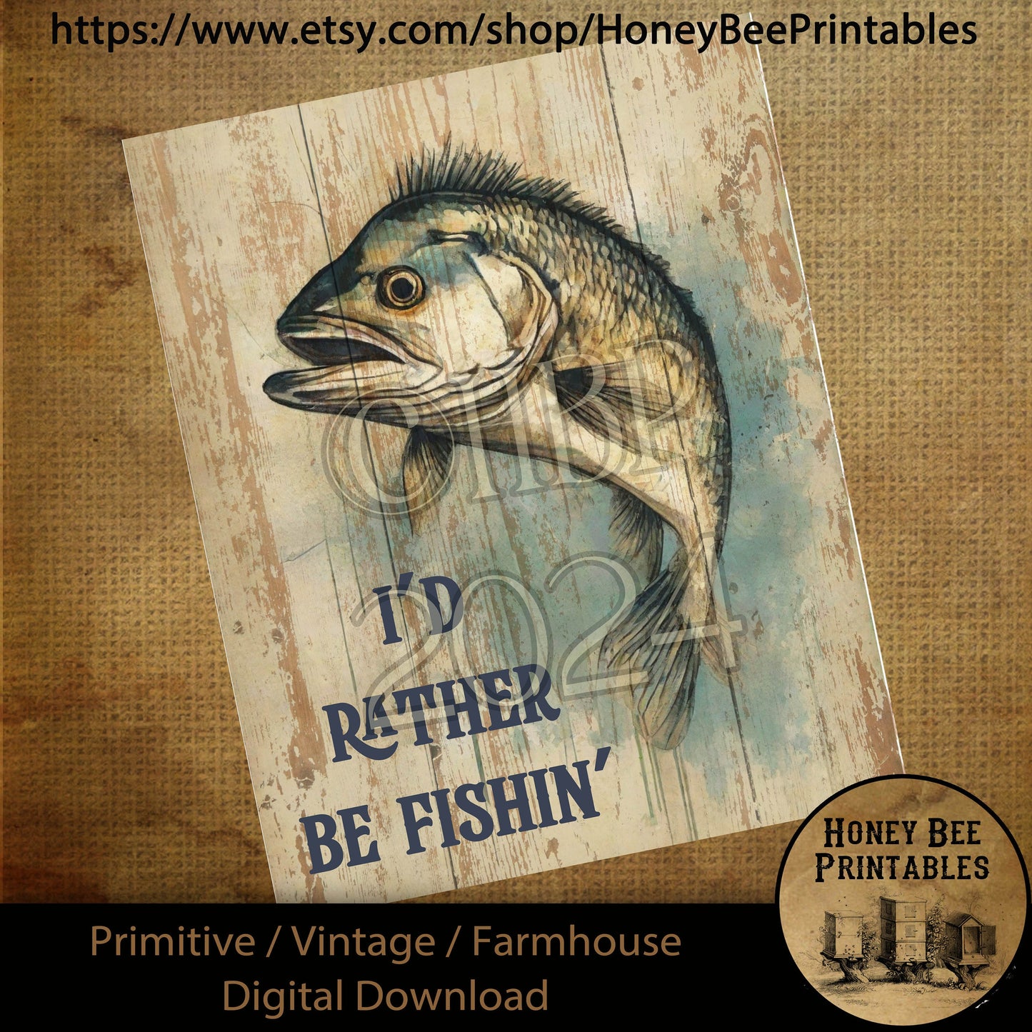 Vintage Digital Download Printable Sublimate Decoupage Primitive, Summer, Father, Dad, Happy Father's Day, I'd Rather Be Fishing, Card, Sign