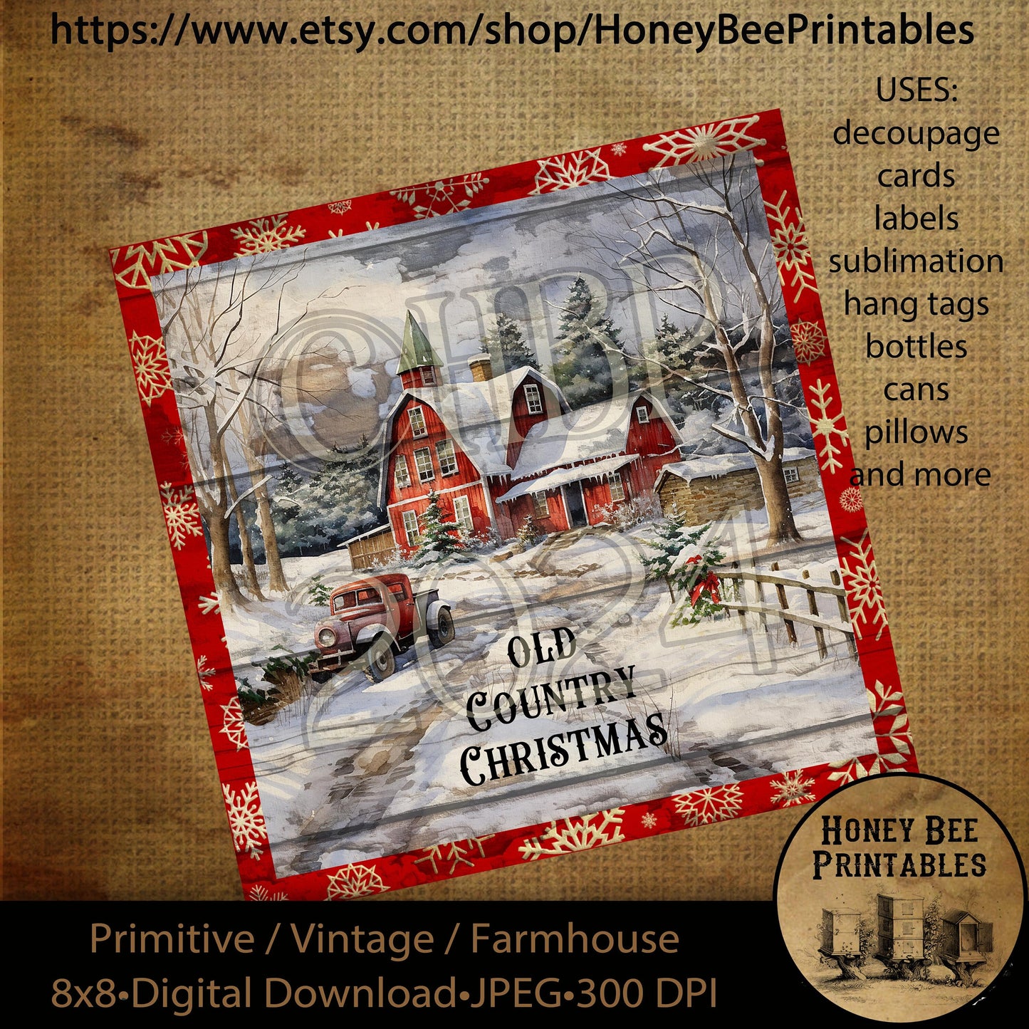 Vintage Primitive Instant Download Printable Decoupage, Old Country Christmas, Snowy Landscape, Red Barn, Red Farmhouse, 8x8