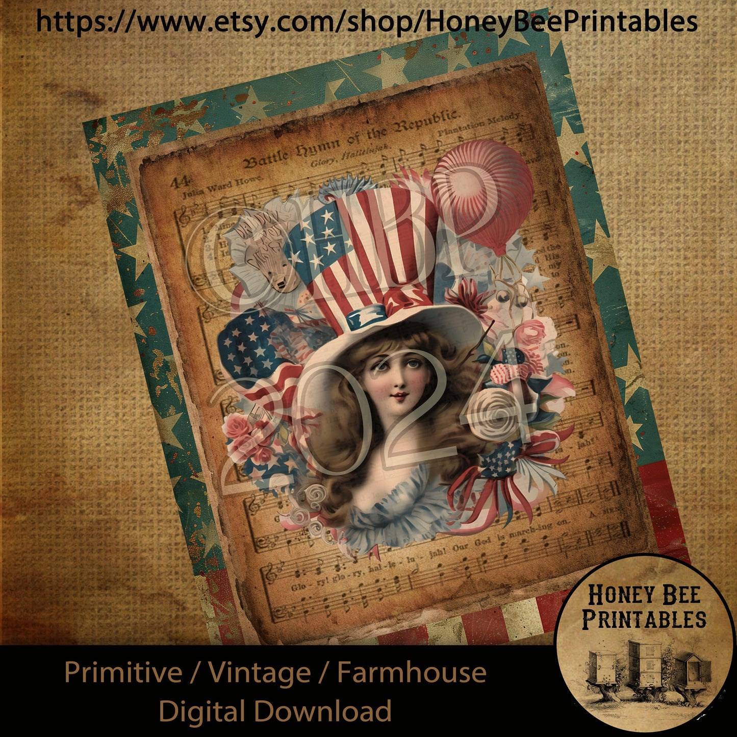 Vintage Primitive Farmhouse Digital Download Printable Decoupage Patriotic, Battle Hymn of Republic, Music, Stars and Stripes, Flags, USA