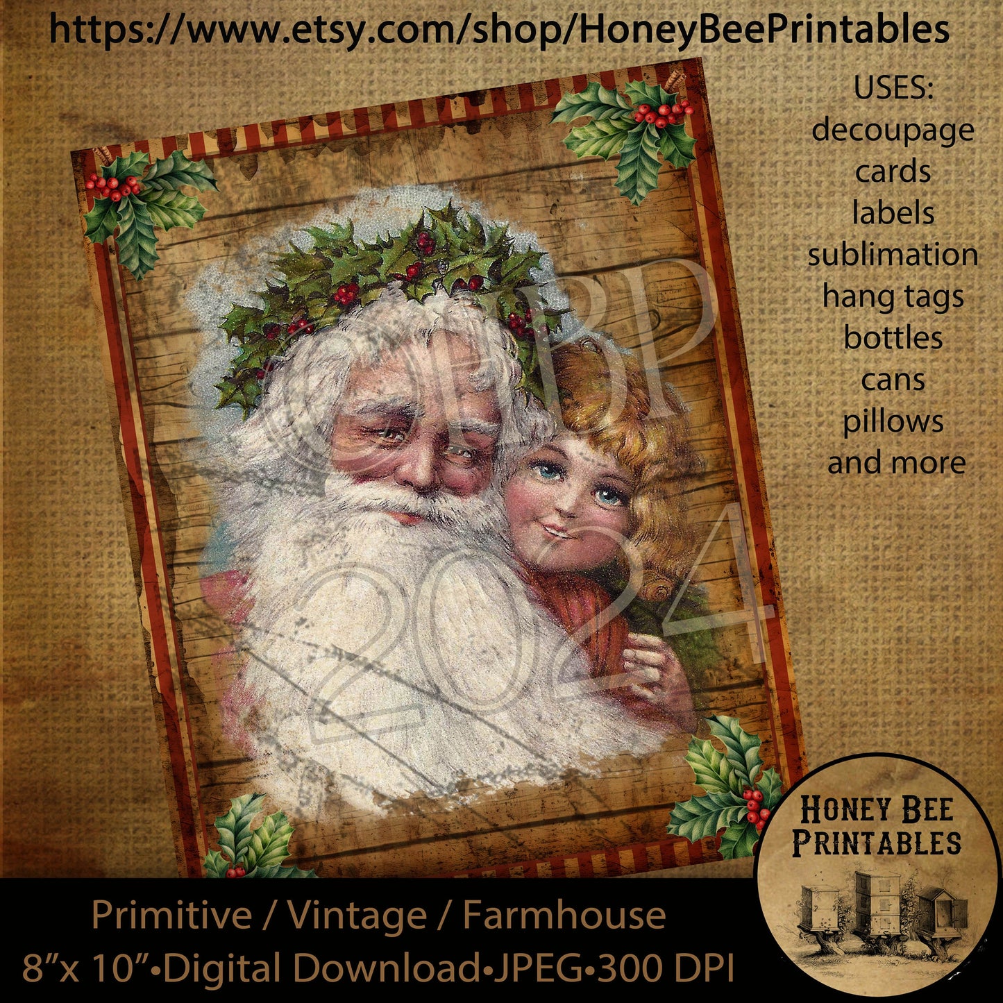 Vintage Instant Download Printable Decoupage, Christmas, Vintage Santa, Primitive Santa, Santa Claus, Father Christmas, Girl, Little Girl