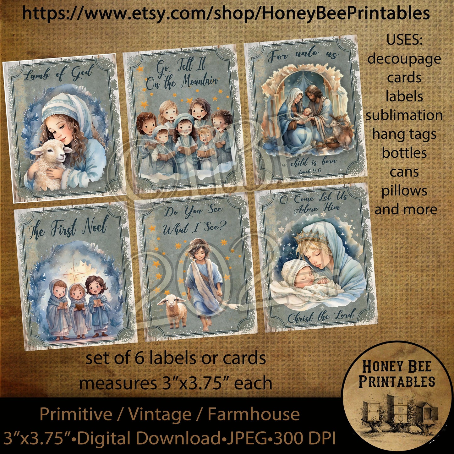 Vintage Digital Download Printable Decoupage Primitive, O Holy Night, Manger, Nativity, Christmas, Jesus, Set of 6 Labels, Tags, cards, Blue