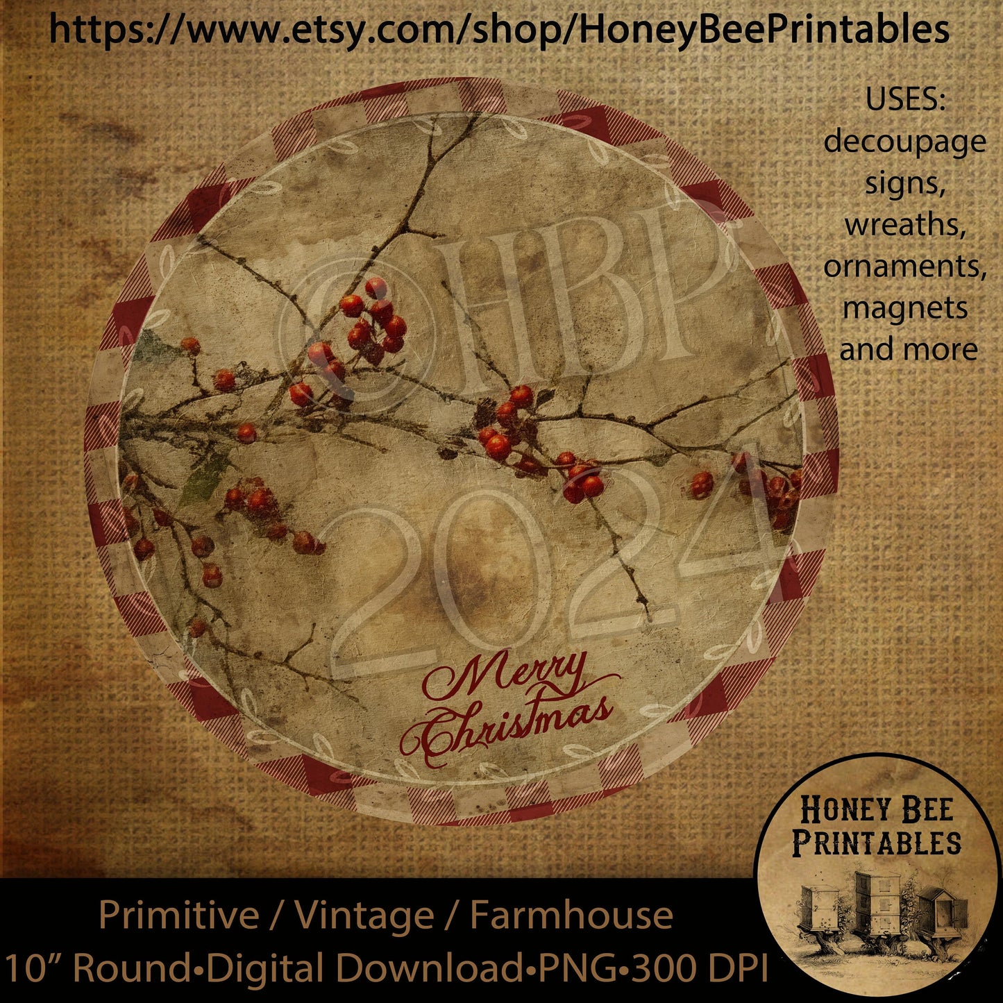 Vintage Instant Download Printable Decoupage Vintage, Berry Sprigs, Round Sign Design, Sign for Wreath, Christmas, Ornaments, magnets