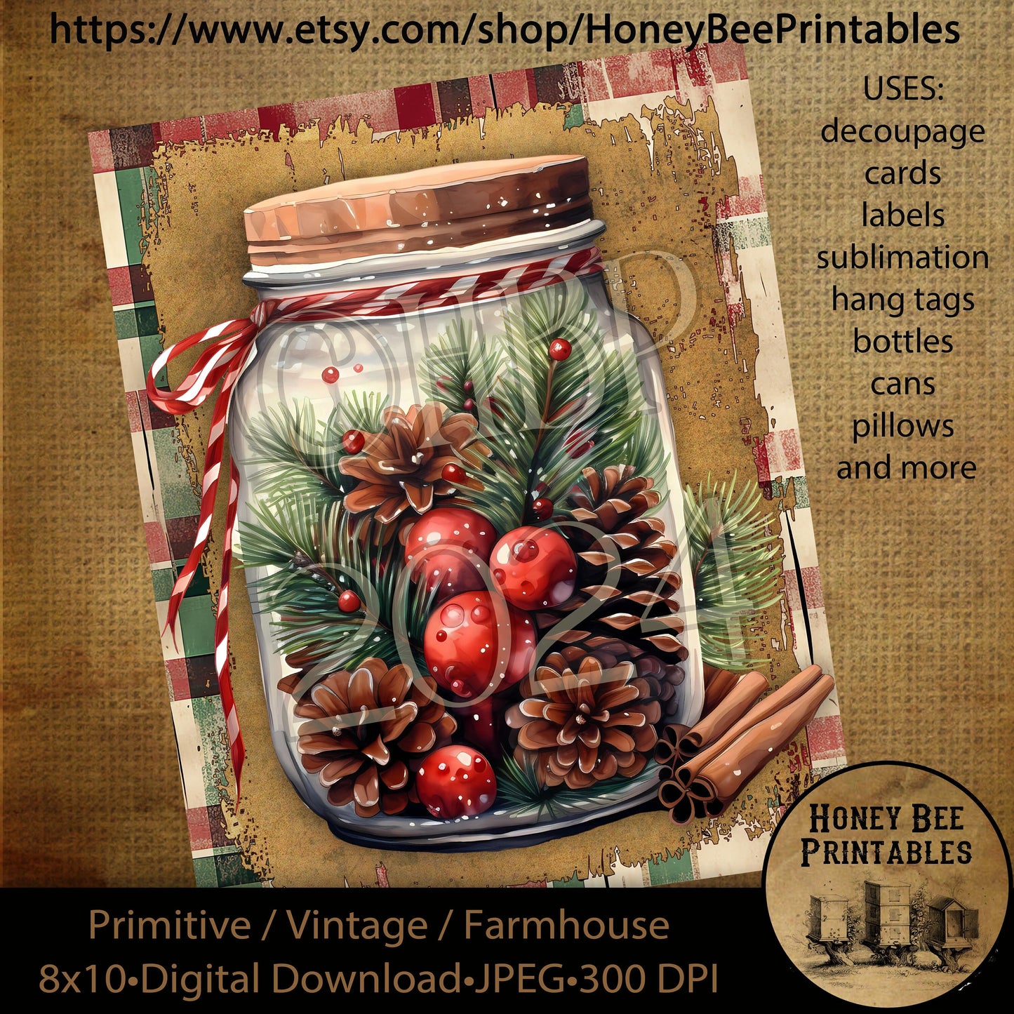 Vintage Primitive Instant Download Printable Decoupage, Vintage Christmas, Christmas in a Jar, Pine Cones, Berries, Old Fashioned, 4