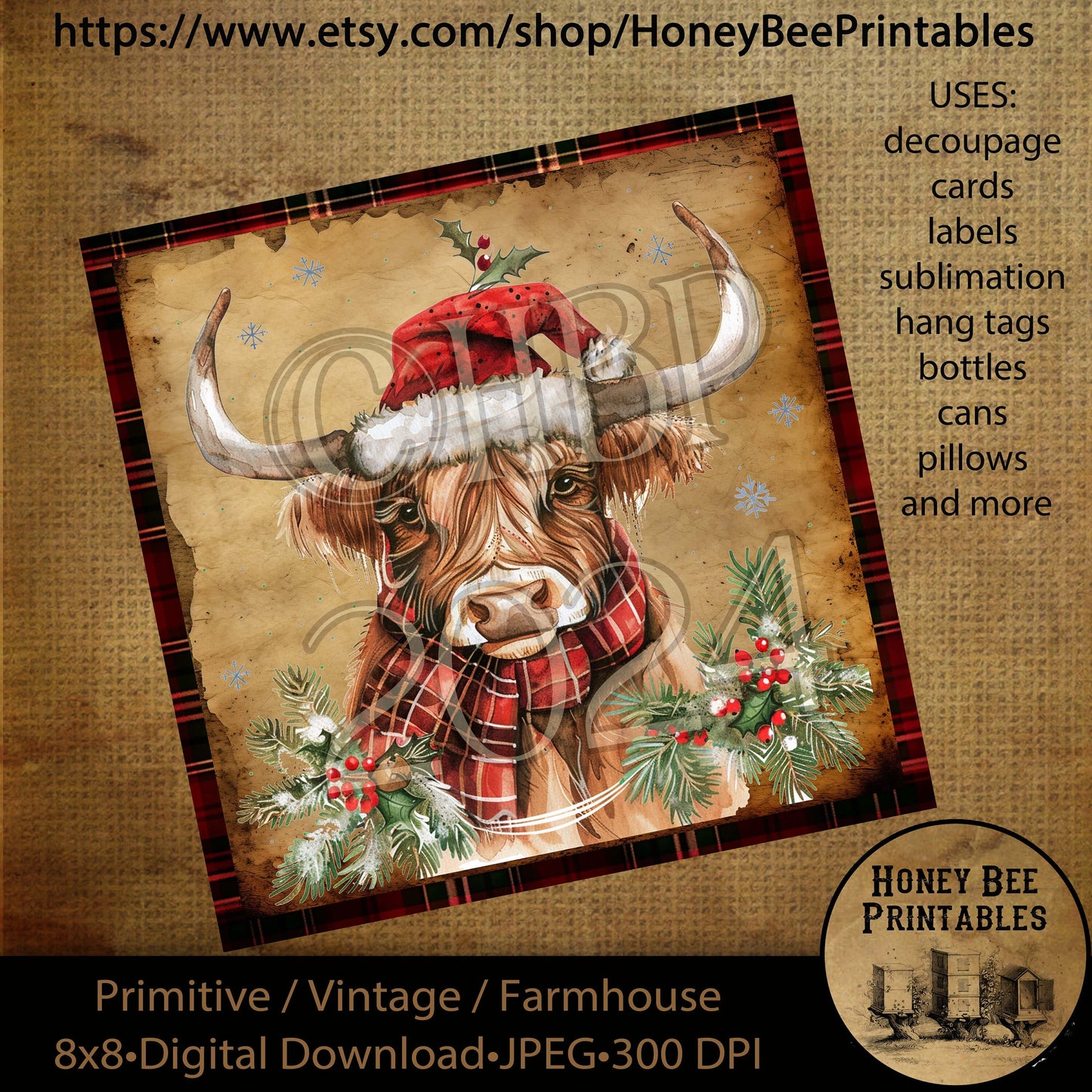 Vintage Primitive Instant Download Printable Decoupage, Vintage Christmas, Highland Cow with Scarf, Santa Hat, Highland Cow, Christmas Cow