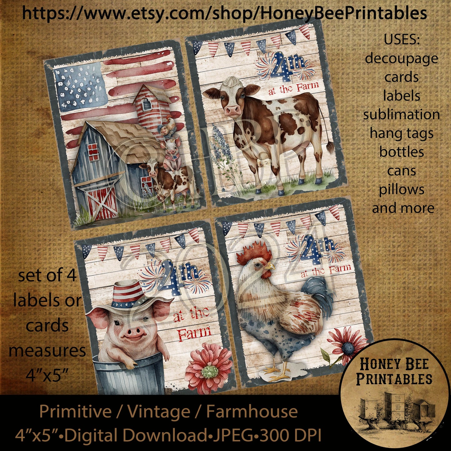 Vintage Primitive Instant Download Printable Decoupage, Patriotic, Americana, Farm, Barn, Cow, Rooster, Pig, 4th of July on the Farm, USA