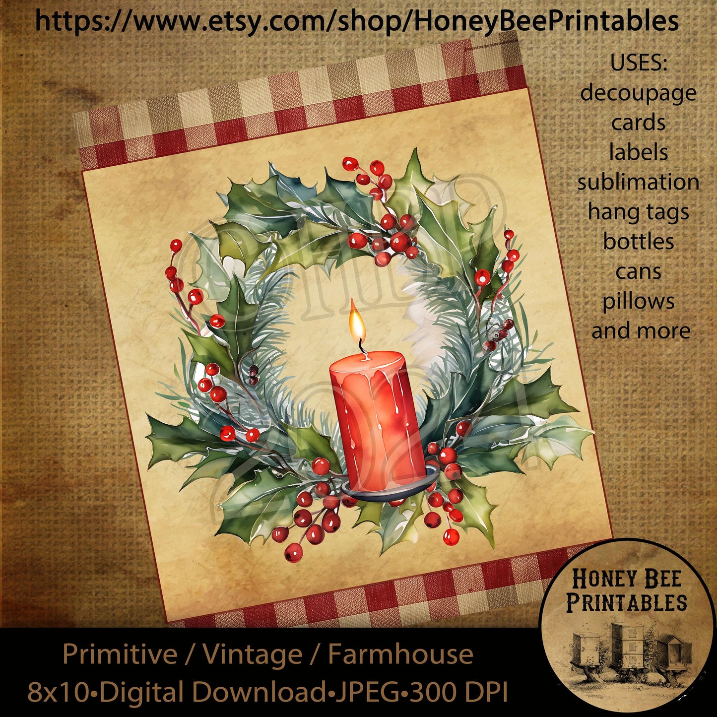 Vintage Primitive Instant Download Printable Decoupage, Vintage Christmas, Candle, Wreath, Candle Light, 8x10, uses: tags, cards, labels