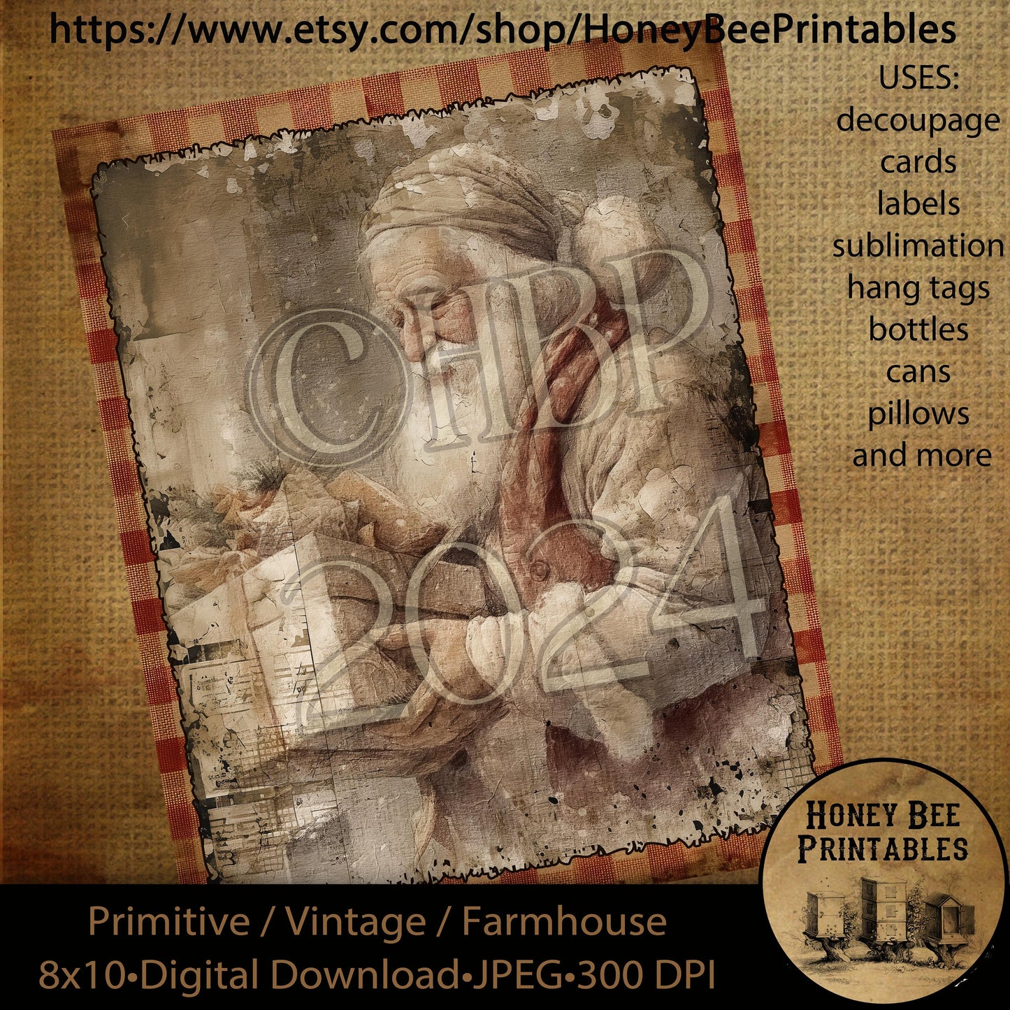 Vintage Primitive Instant Download Printable Decoupage, Christmas, Vintage Christmas, Santa Claus, Gift, Present, cards, labels, ornaments
