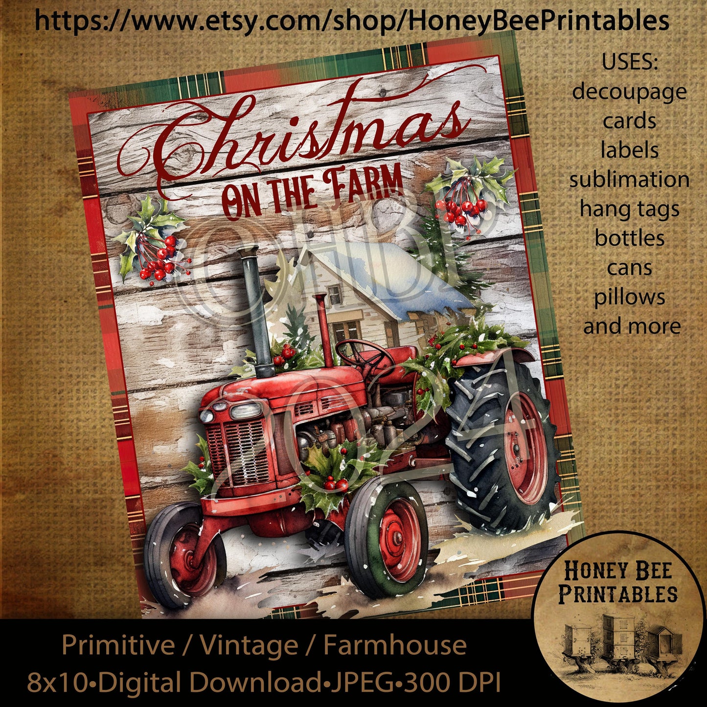 Vintage Primitive Instant Download Printable Decoupage, Christmas, Vintage Christmas, Christmas on the Farm, Old Red Tractor, Red Tractor