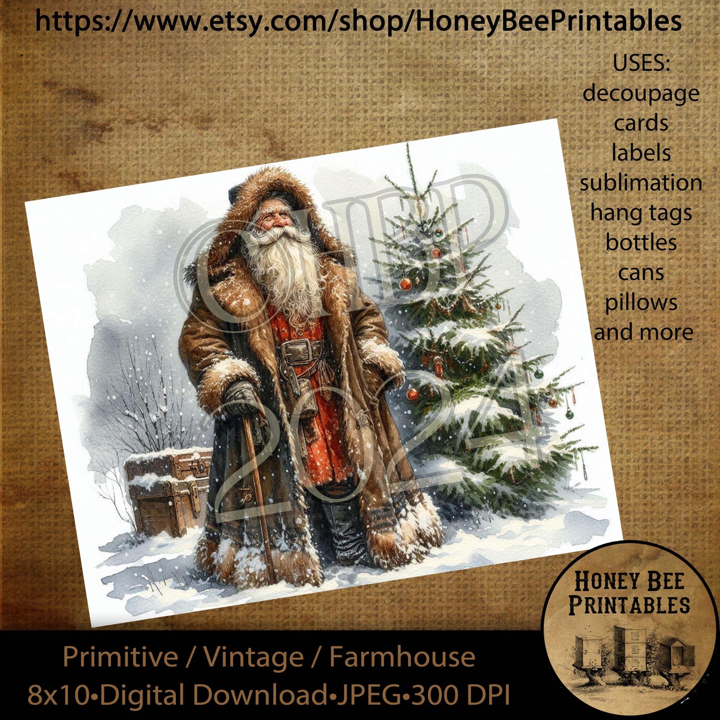 Vintage Primitive Instant Download, Printable, 8x10, Decoupage, Cards, Christmas, Santa Claus, Old World Santa, Belsnickel, Tree, Snow, 04