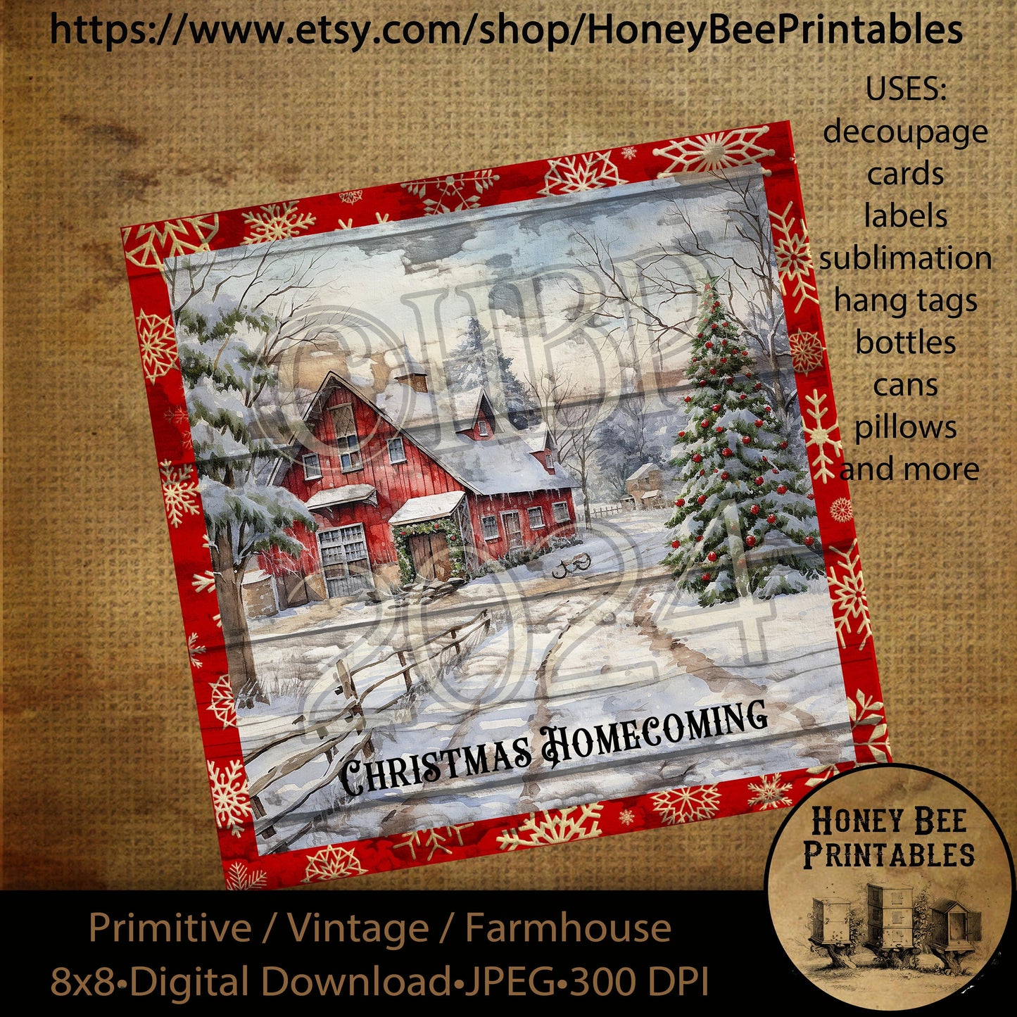 Vintage Primitive Instant Download Printable Decoupage, Christmas Homecoming, Old Red Barn, Red Farmhouse, Snowy Landscape, Farm, 8x8