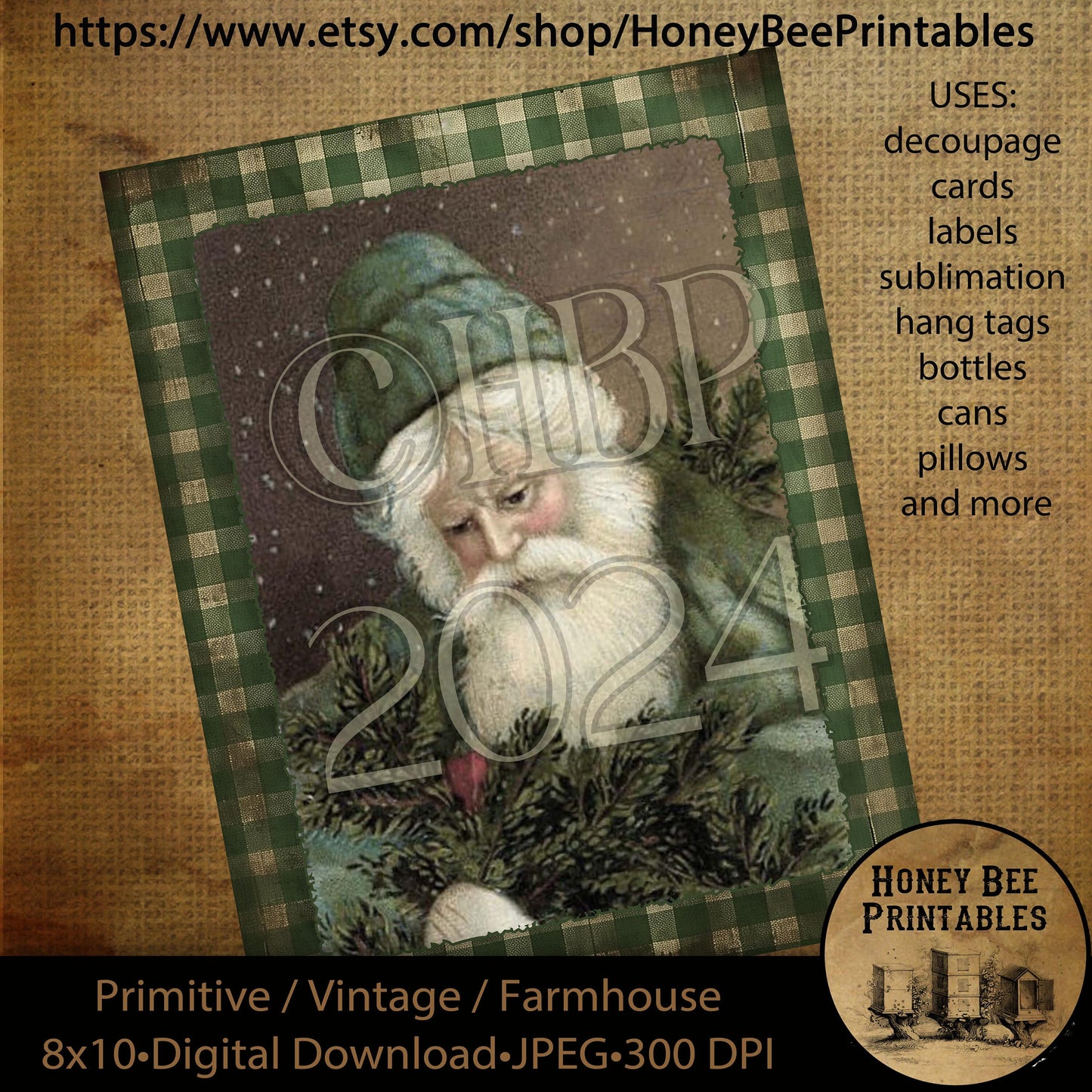 Vintage Primitive Instant Download Printable Decoupage, Old World Santa, Father Christmas, Santa Claus, Old Time Santa, Christmas, Green 1