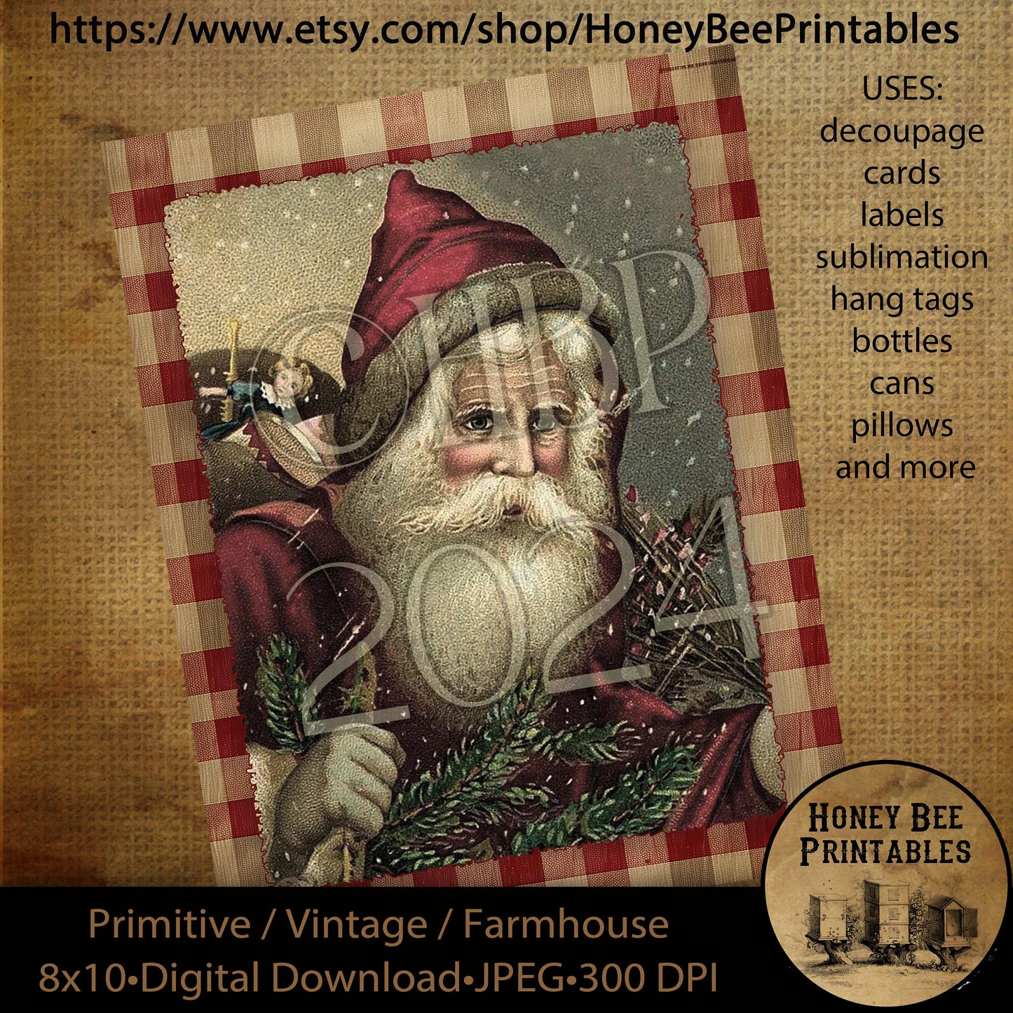 Vintage Primitive Instant Download Printable Decoupage, Old World Santa, Father Christmas, Santa Claus, Old Time Santa, Christmas, Red 1