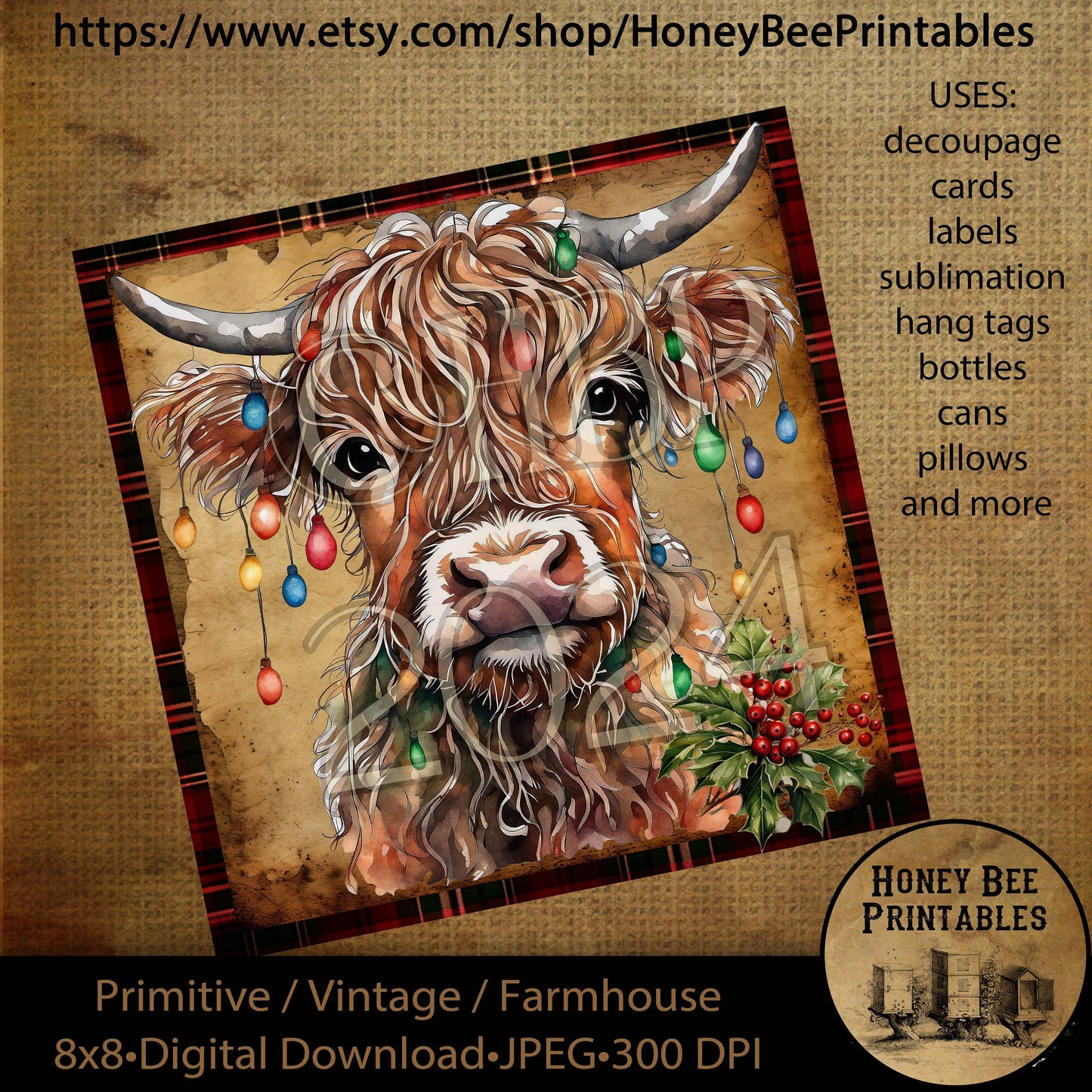 Vintage Primitive Instant Download Printable Decoupage, Vintage Christmas, Highland Cow with Christmas Lights, Highland Cow, Christmas Cow