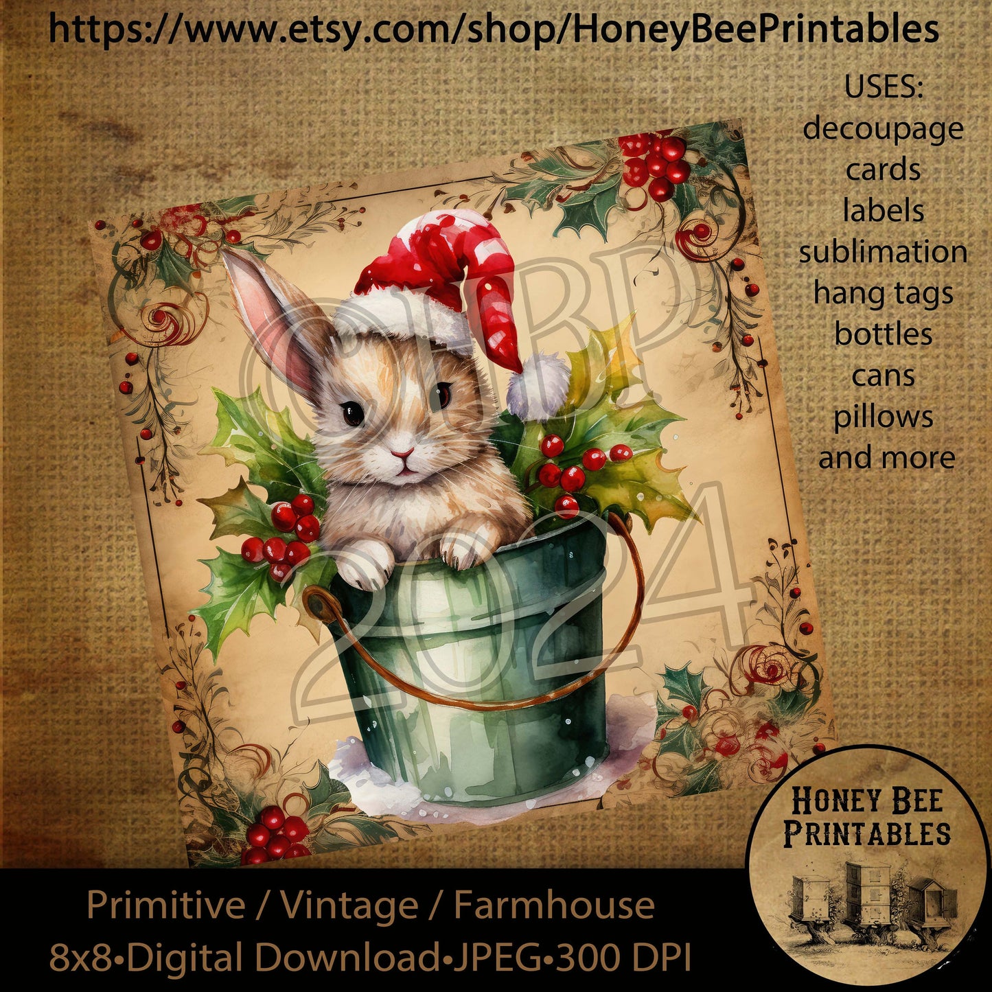 Vintage Primitive Instant Download Printable Decoupage, Christmas Bunnies, Rabbits, Green Bucket, Holly, Berries, Cute Christmas Bunny