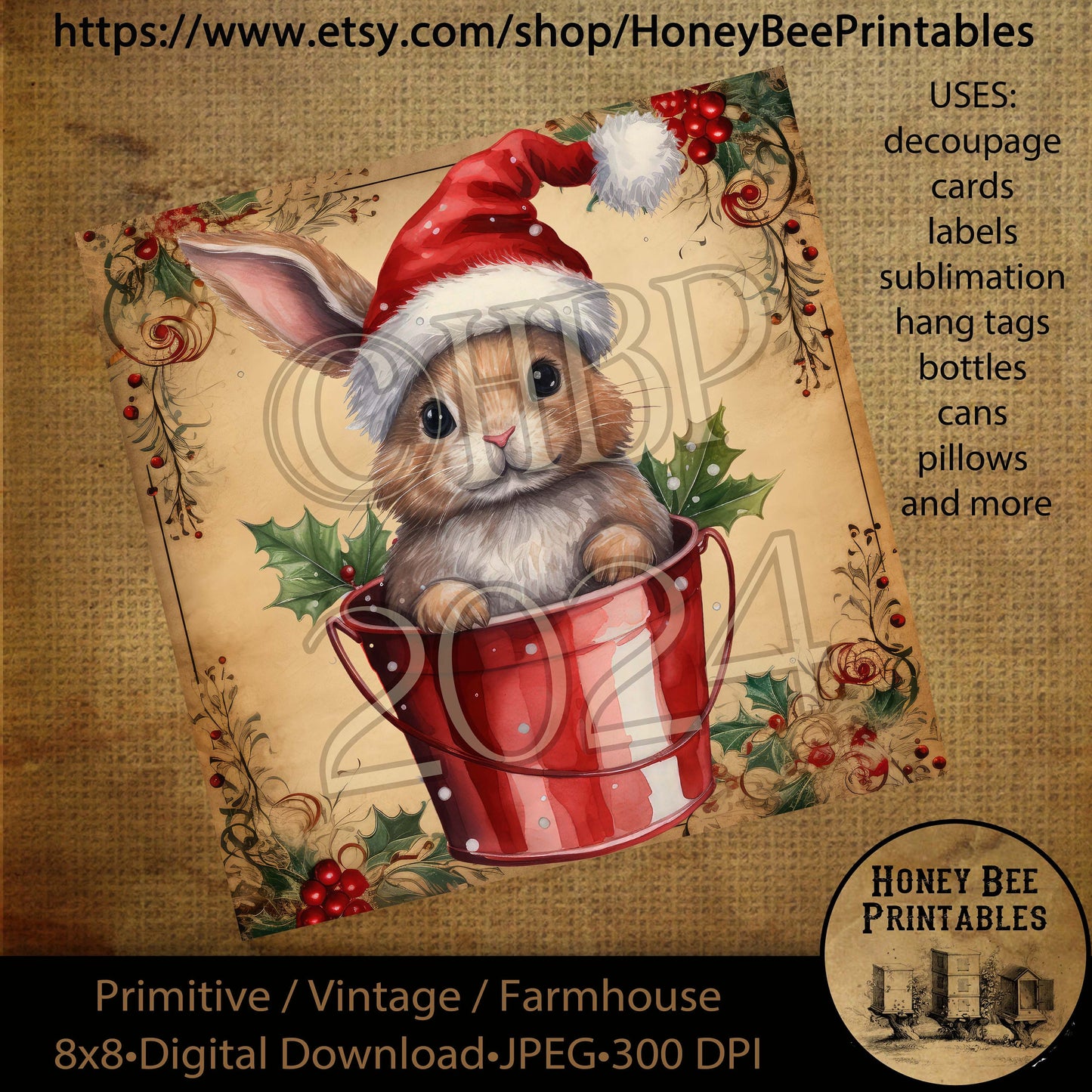 Vintage Primitive Instant Download Printable Decoupage, Christmas Bunnies, Rabbits, Red Bucket, Holly Berries, Santa Hat, Christmas Rabbit 2