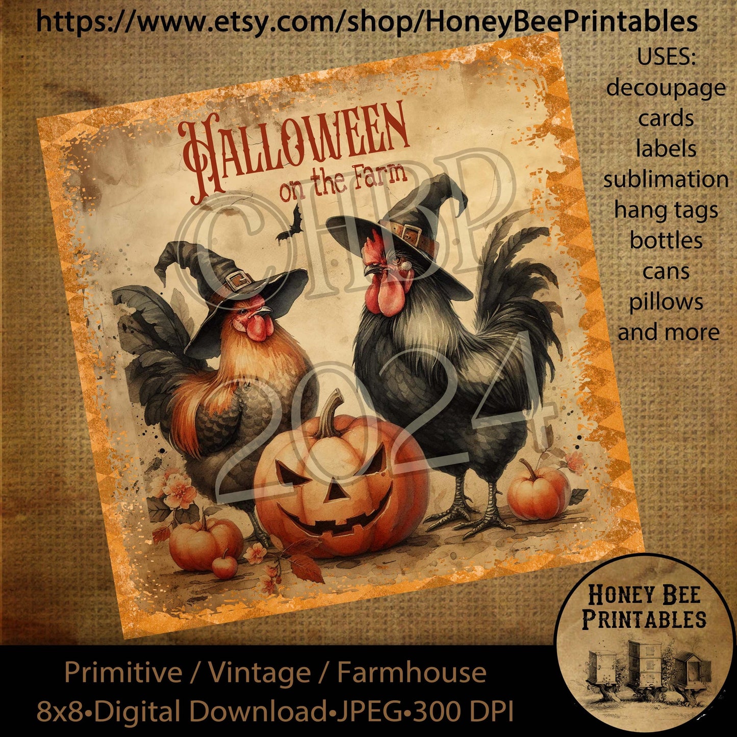 Vintage Digital Download Printable Decoupage Primitive, Halloween on the Farm, Rooster, Chicken, Jack-o-lantern, fall, autumn, pumpkins, 2