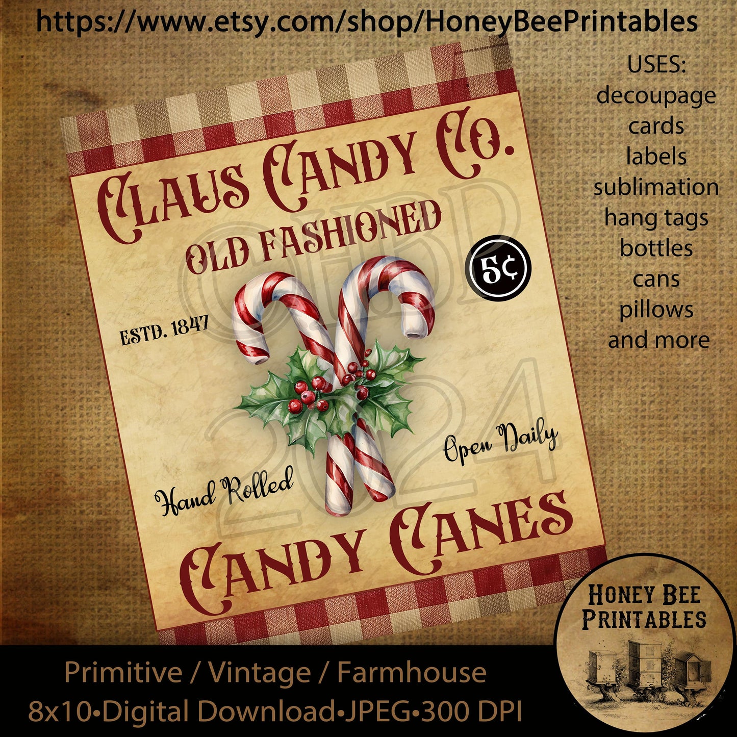 Vintage Primitive Instant Download, Printable, 8x10, Decoupage, Claus Candy Co, Candy Canes, Christmas Candy, Peppermint, Use: cards, tags