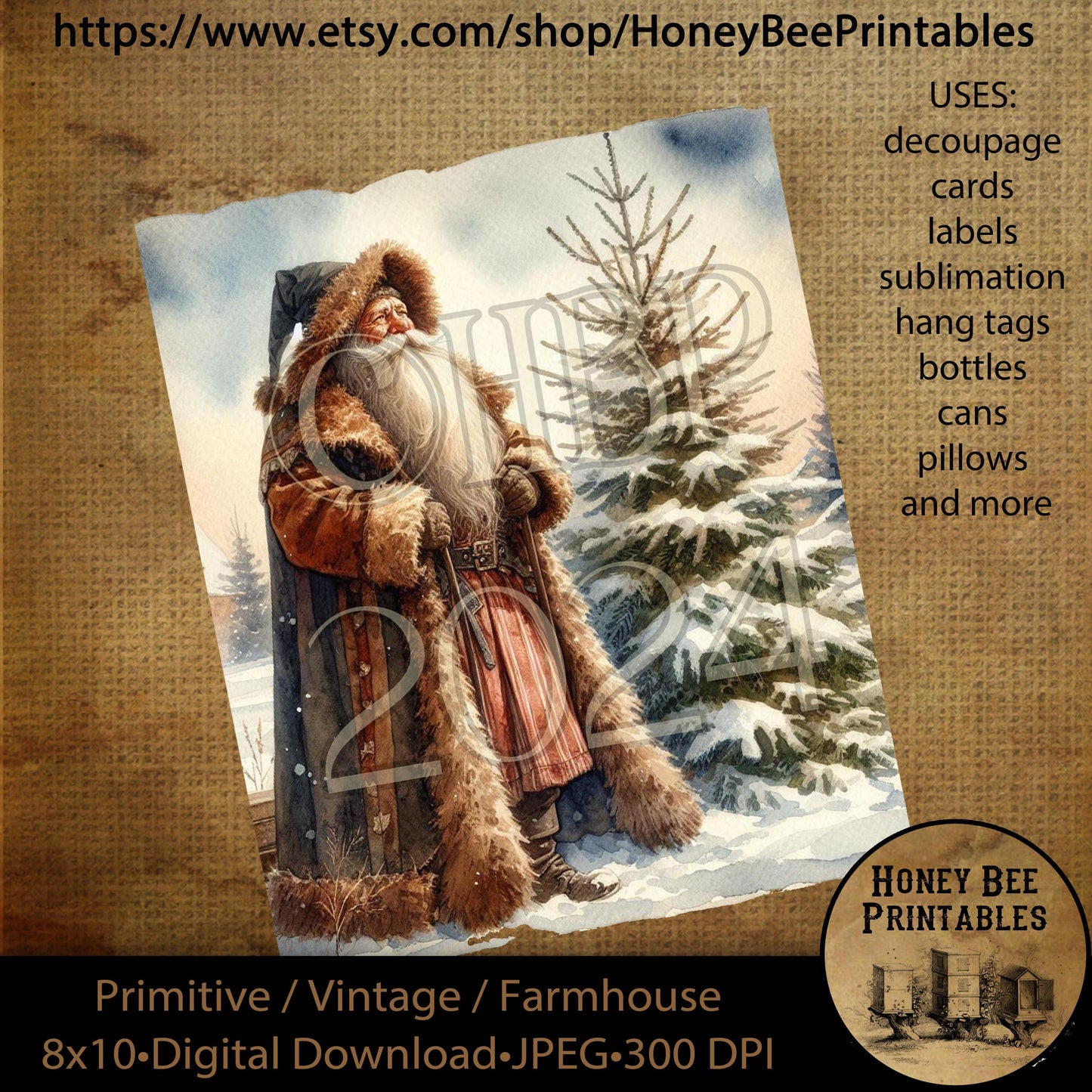 Vintage Primitive Instant Download, Printable, 8x10, Decoupage, Cards, Christmas, Santa Claus, Old World Santa, Belsnickel, Tree, Snow, 03