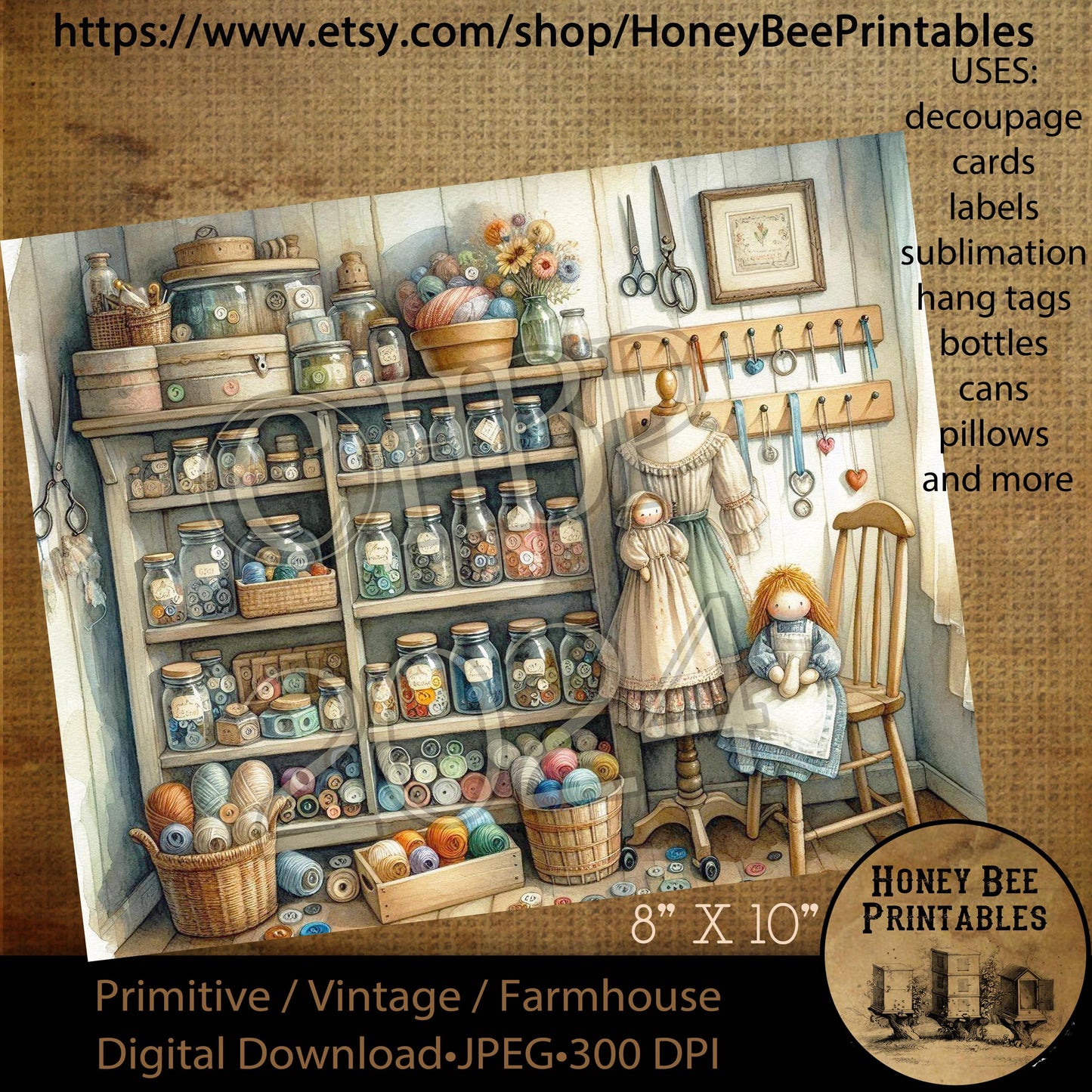 Digital Download, Printable, Decoupage, Vintage, Primitive, Craft Room, Sewing Room, Quilting, Crafter, Sewing, Arts & Crafts, JPEG 8x10, 3