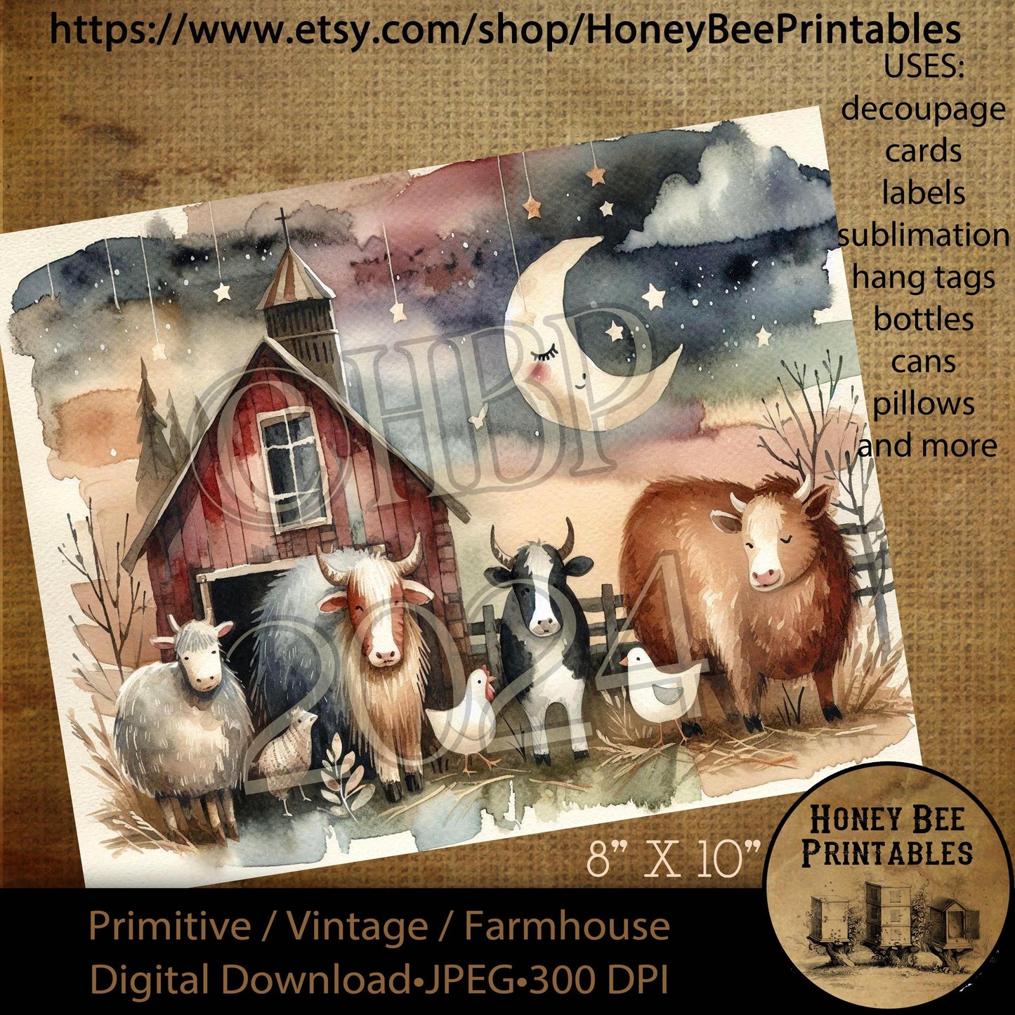 Digital Download, Printable, Decoupage, Vintage, Primitive, JPEG 8x10, Primitive, Country Barn Animals, Good Night, Barn, Cows, Chickens