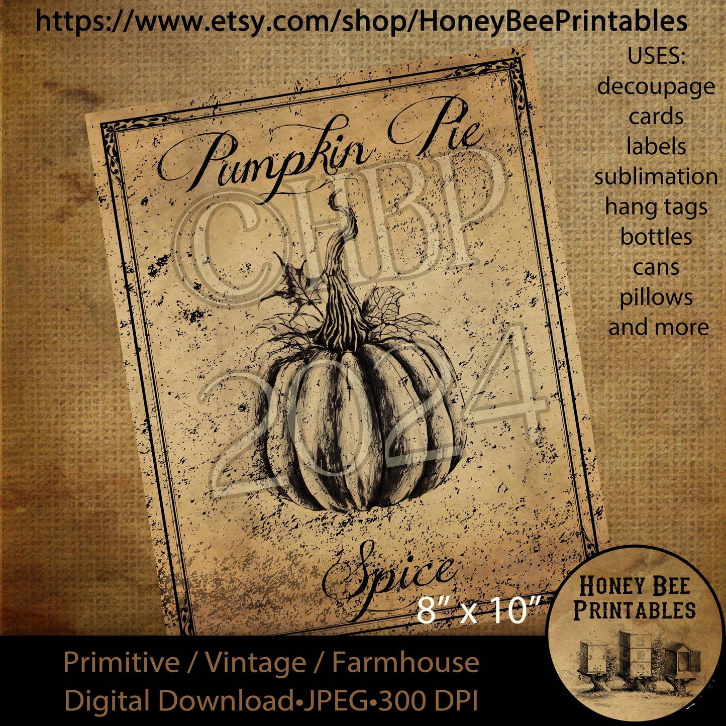 Digital Download, Printable, Decoupage, Vintage, Primitive, Fall, Autumn Pumpkin Pie Spice pantry labels use for Jars, Cans, wood, 8x10, B&W