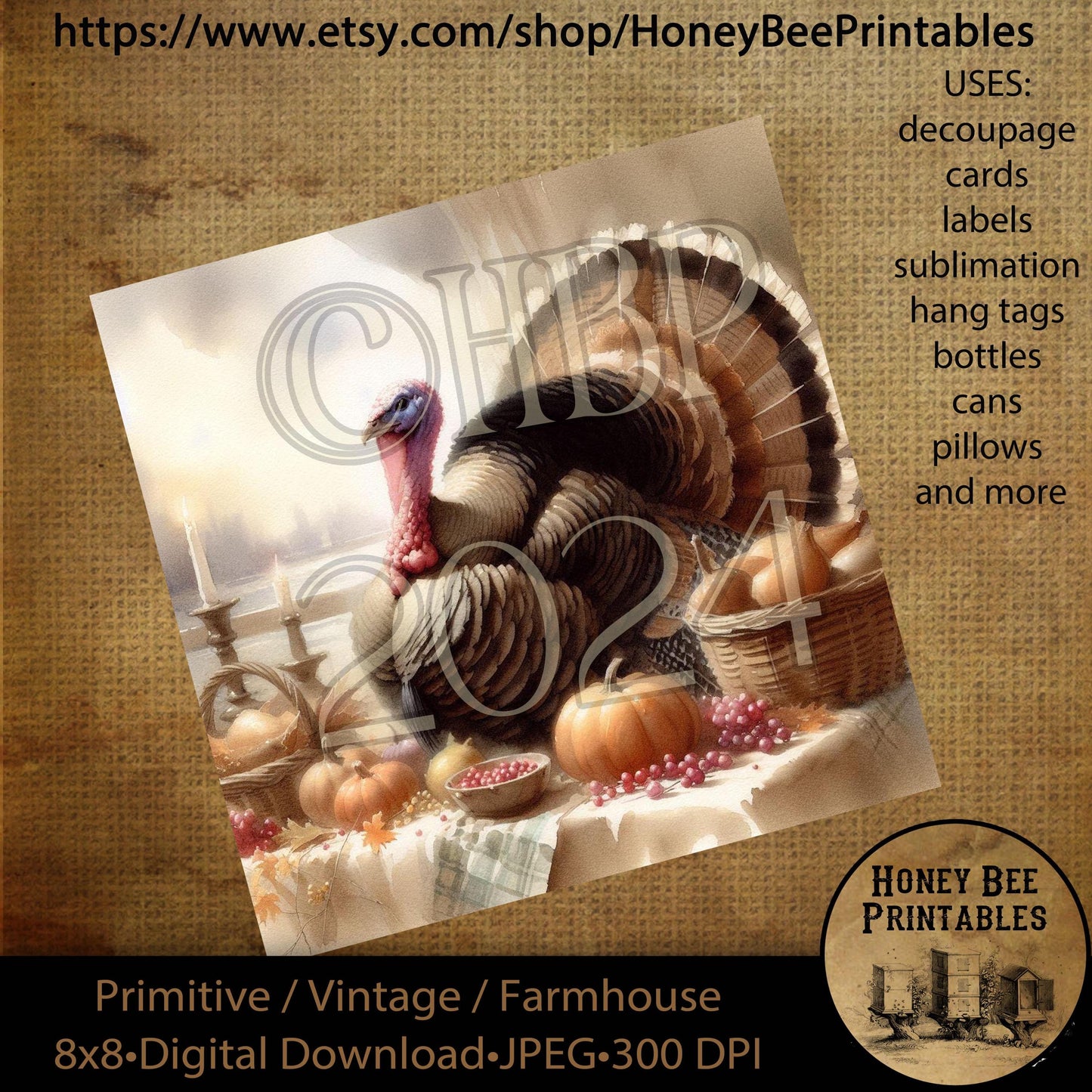 Digital Download, Printable, Decoupage, Vintage, Primitive, 8x8, Turkey 2, Thanksgiving, Pumpkins, Harvest, Fall, Autumn, Thankful