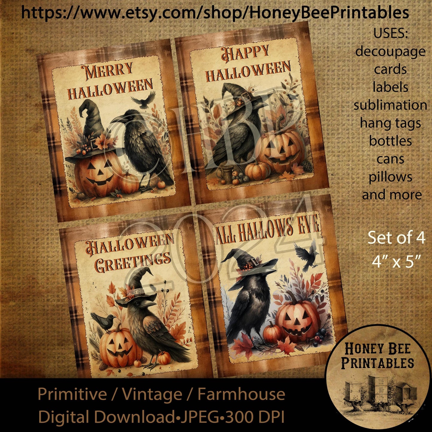 Digital Download, Printable, Decoupage, Primitive, Halloween, witch hat, jack-o-lantern, fall, autumn, cards, labels, tags, Set of 4, 4x5, 2
