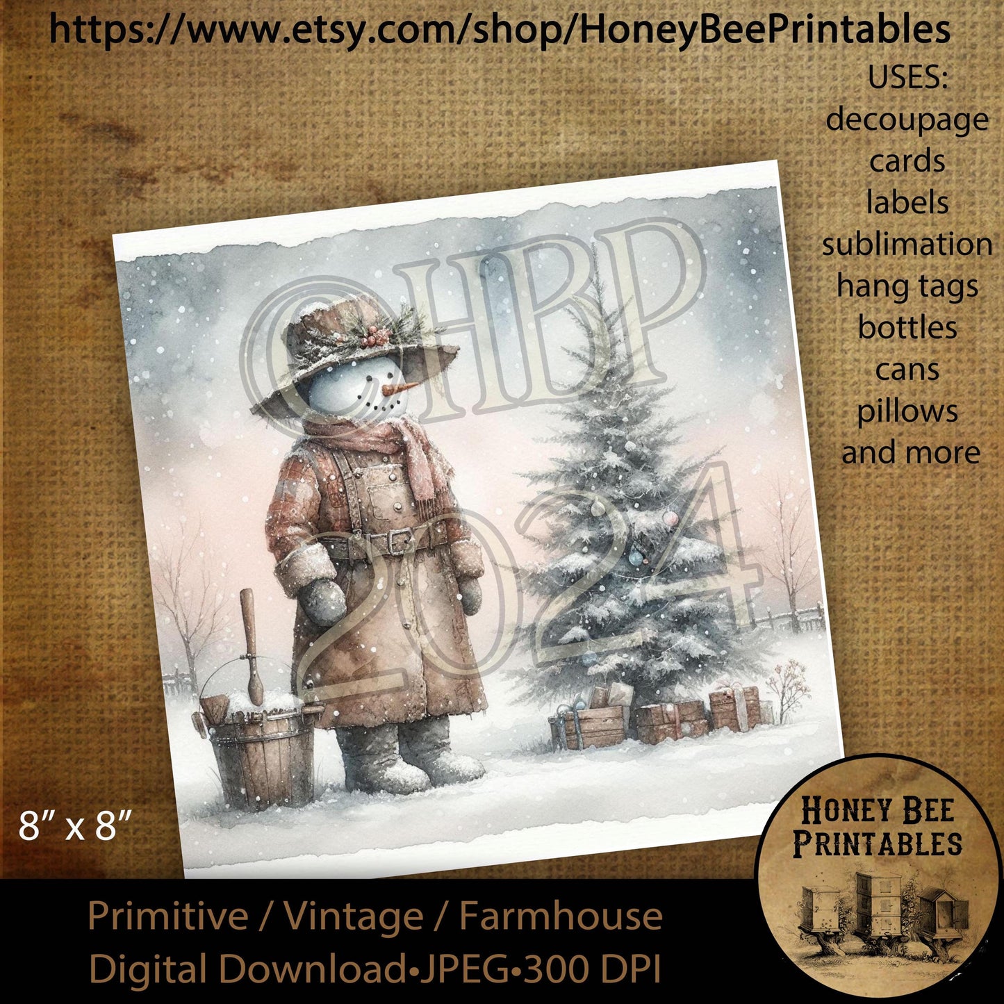 Digital Download, Printable, Decoupage, Vintage, Primitive, 8x8, #4 Country Primitive Snowman, Christmas Tree, Winter, Snow, Snowmen