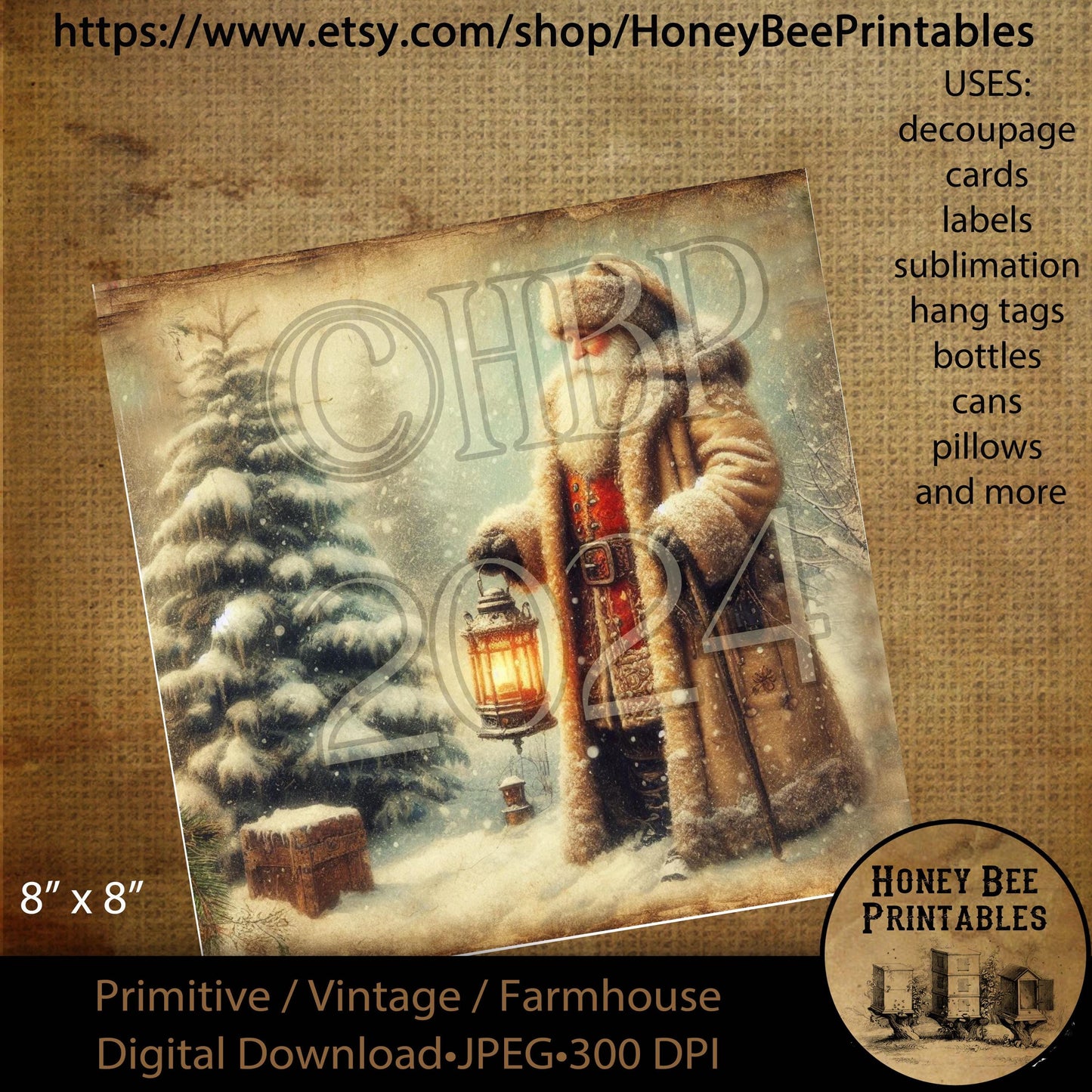 Digital Download, Printable, Decoupage, Vintage, Primitive, 8x8, Christmas Tree, Snow, Vintage, Old World Santa, Santa Claus, Lantern, #1