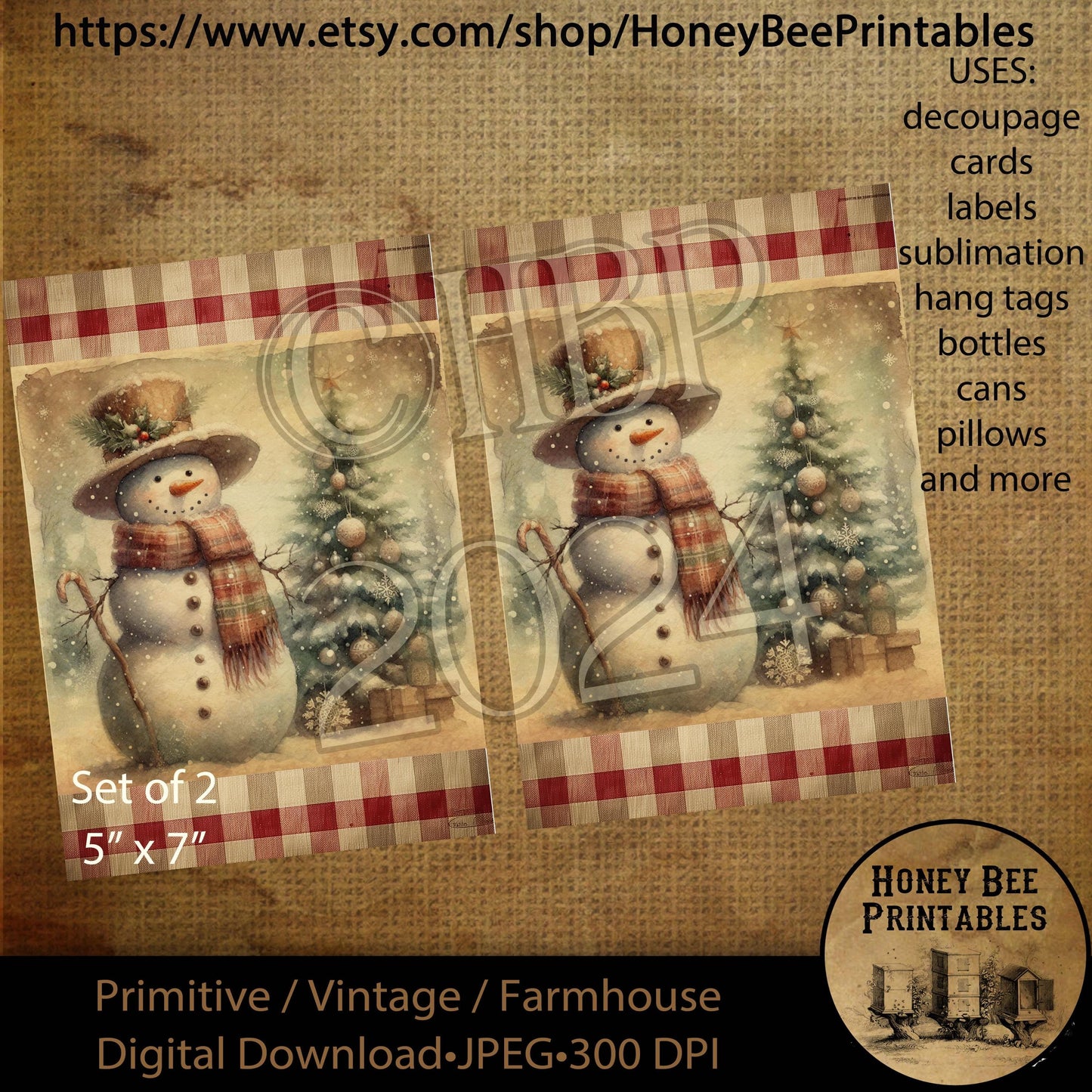 Digital Download, Printable, Decoupage, Vintage, Primitive, Set of 2, 5x7, #3 Country Primitive Snowman, Christmas Tree, Winter, Snowmen