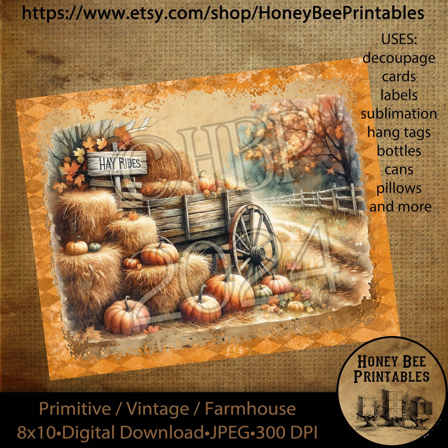 Vintage Digital Download Printable Decoupage Primitive, Fall, Harvest Gatherings, Pumpkins, Fall Landscape, Autumn Landscape, Hay Rides 1