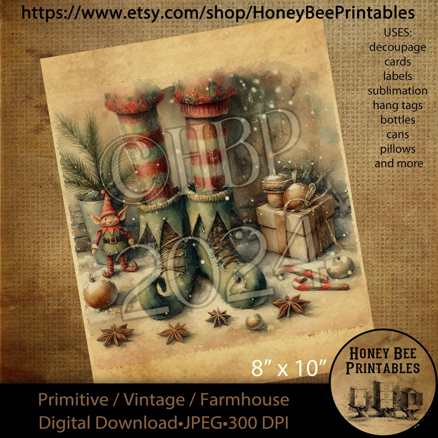 Digital Download, Printable, Decoupage, Sublimation, Vintage, Primitive, Farmhouse, 8x10, Christmas, Elf Boy, Knickers, Stockings, Shoes