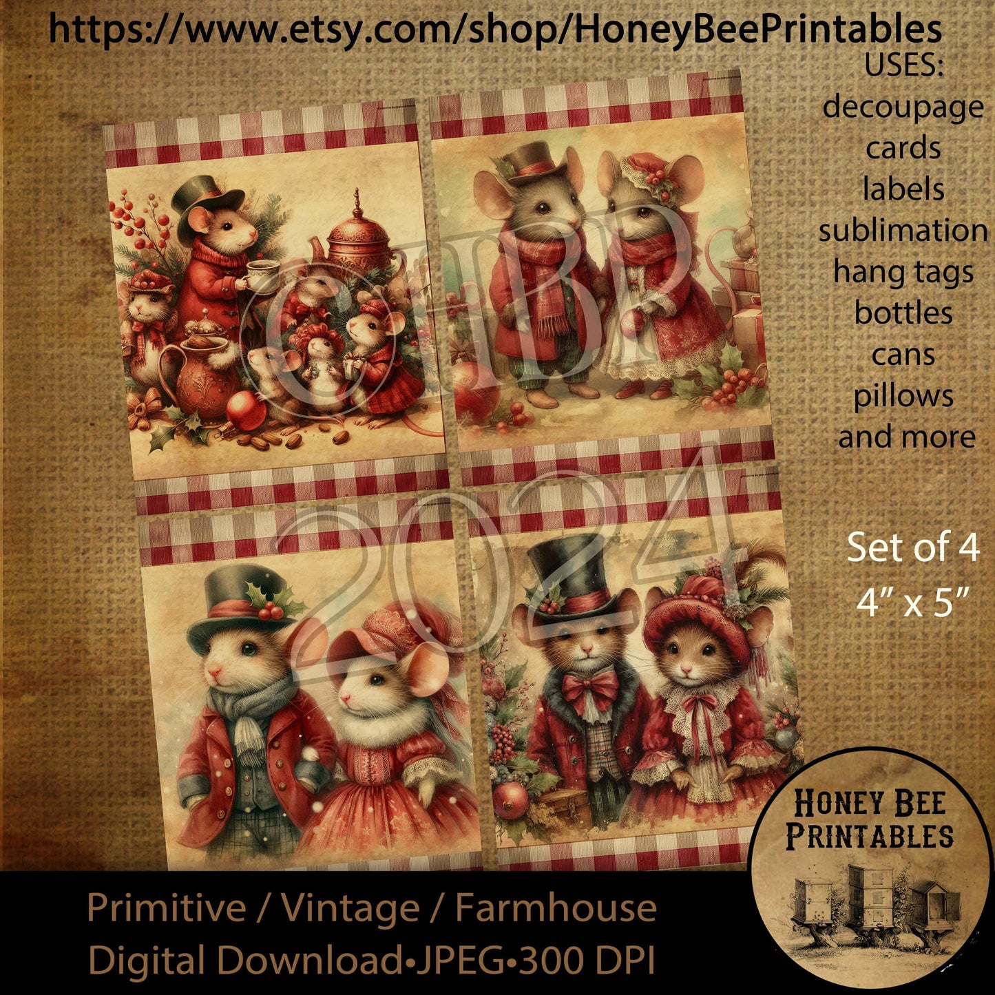 Digital Download, Printable, Decoupage, Vintage, Primitive, Farmhouse, 4x5, Set of 4, Christmas, Victorian Mice, Christmas Mice, Mouse