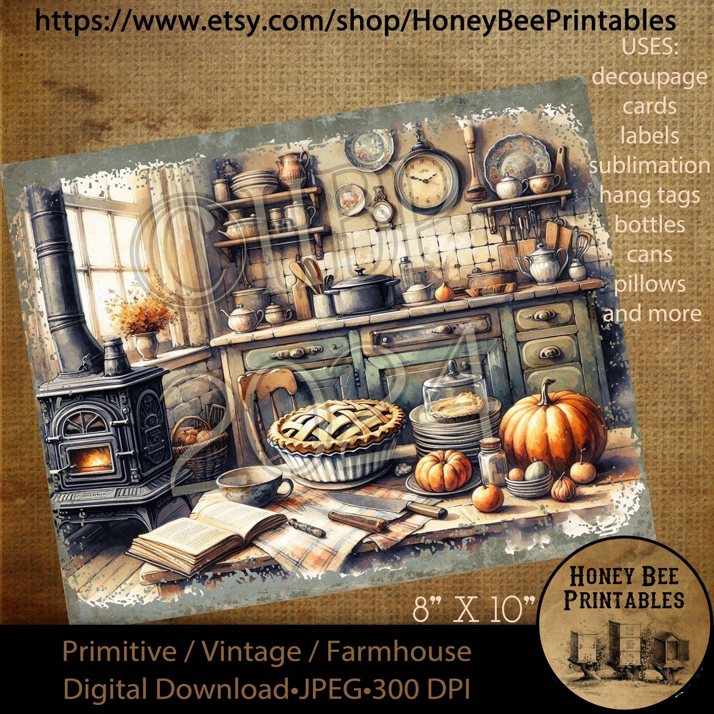 Vintage Digital Download Printable Decoupage Primitive, Kitchen, Primitive Kitchen, Fall Kitchen, Autumn, Pumpkins, Baking, Pies, Recipes