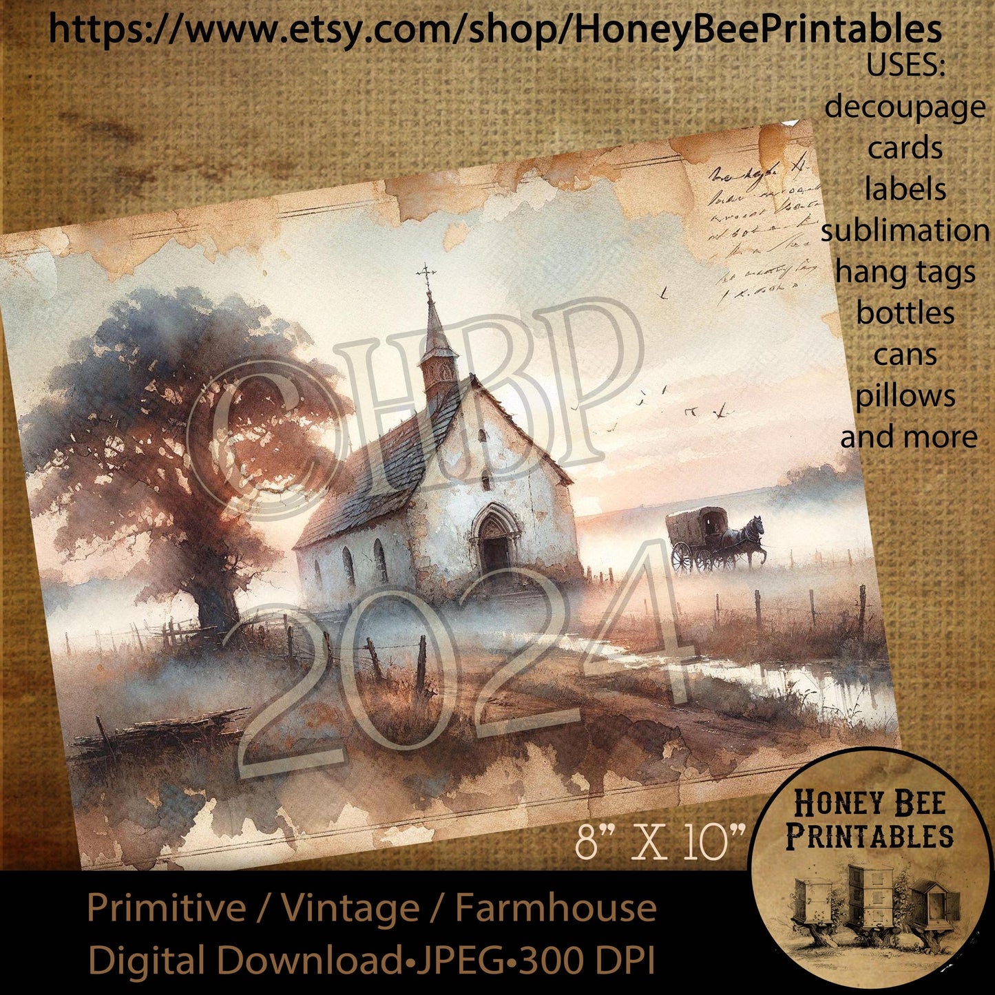 Vintage Digital Download Printable Decoupage Primitive, Old Grungy Chapel, Church, Old White Chapel, Horse & Buggy, Inspirational , 2
