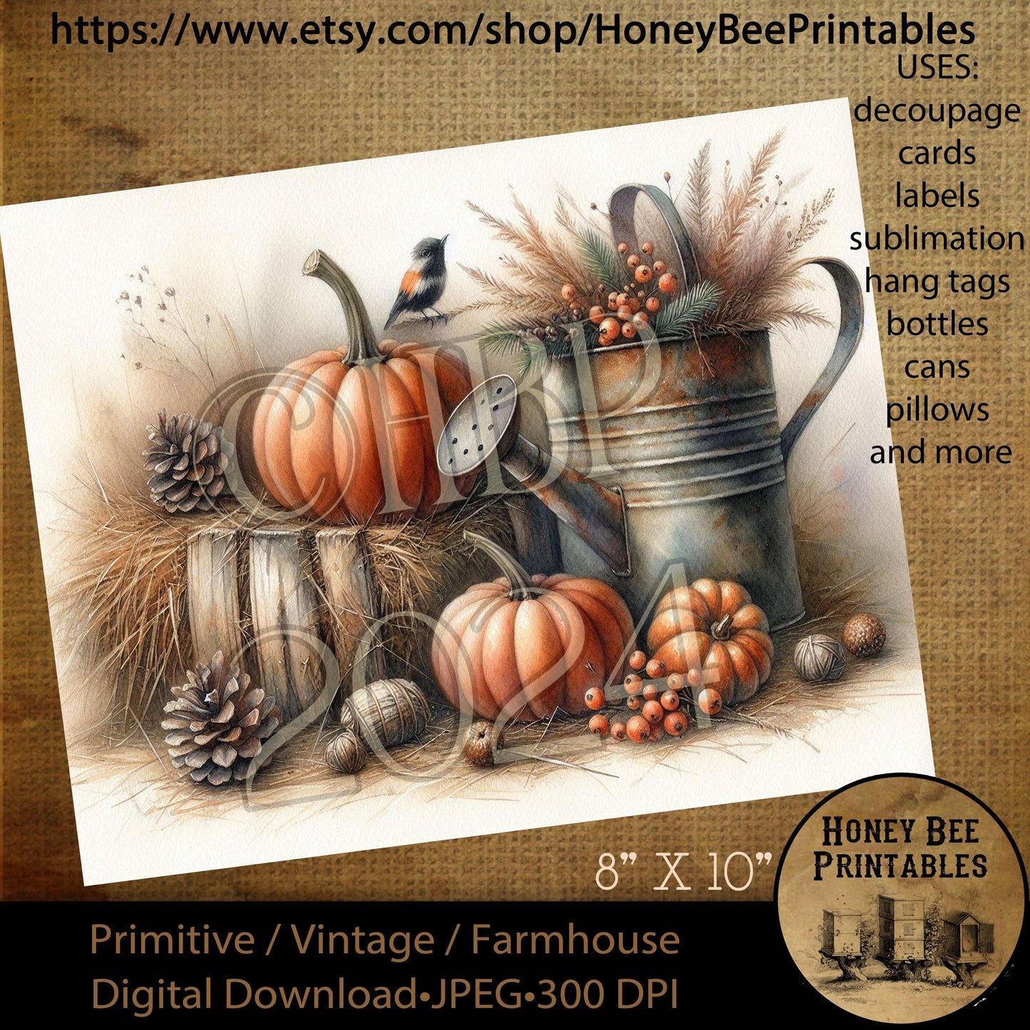 Digital Download, Printable, Decoupage, Vintage, Primitive, 8x10, Rusty Watering Can, Pumpkins, Fall Florals, Crate, Pine Cones, Berries