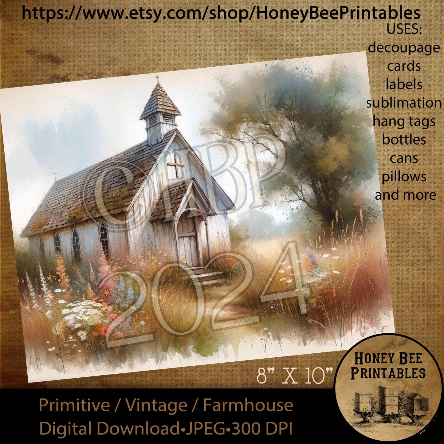 Digital Download, Printable, Decoupage, Vintage, Primitive, 8x10, Old White Chapel, Church, Wildflowers, Tree, Inspirational, Grungy