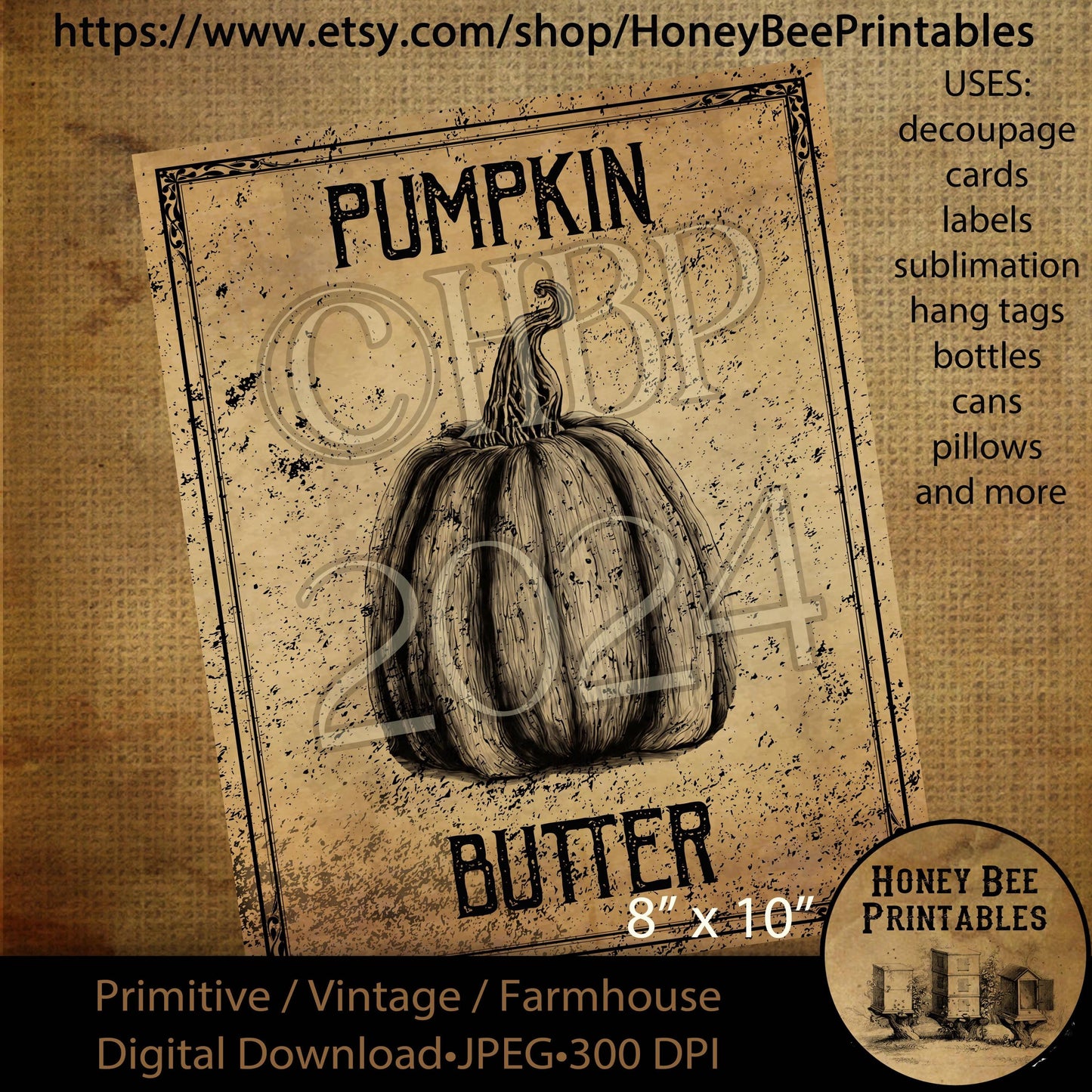 Digital Download, Printable, Decoupage, Vintage, Primitive, Fall, Autumn Pumpkin Butter pantry labels, use for Jars, Cans, Books, wood, 8x10
