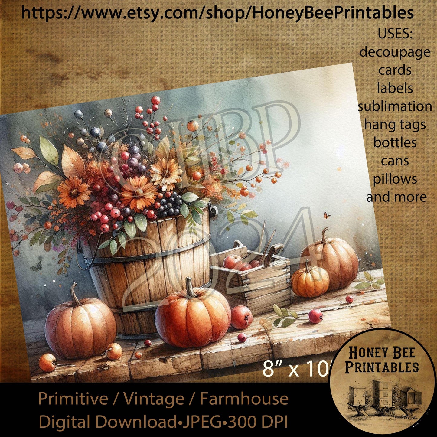 Digital Download, Printable, Decoupage, Vintage, Prim, Fall, Autumn, Tablescape, Firkin Bucket, Fall Floral Arrangement, Pumpkins, Quilt, 2