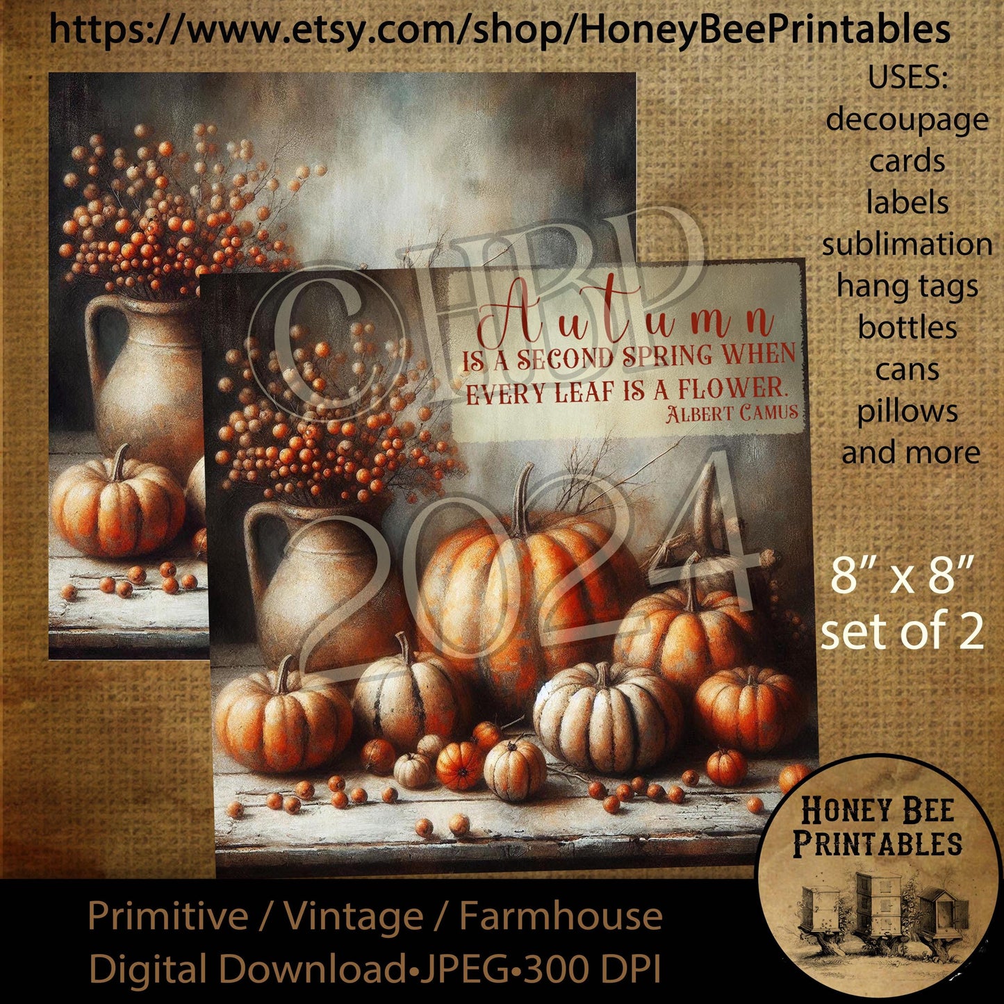 Digital Download, Printable, Decoupage, Vintage, Primitive, Fall, Autumn, Pumpkins, Berries, Fall Florals, Oil Painting, 8x8, Still life