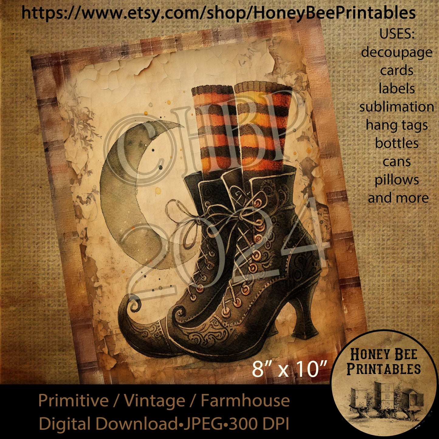 Digital Download, Printable, Decoupage, Vintage, Primitive, Fall, Autumn, Halloween, Witch, Witch Boots, Witch Hat, Halloween Witch, #2