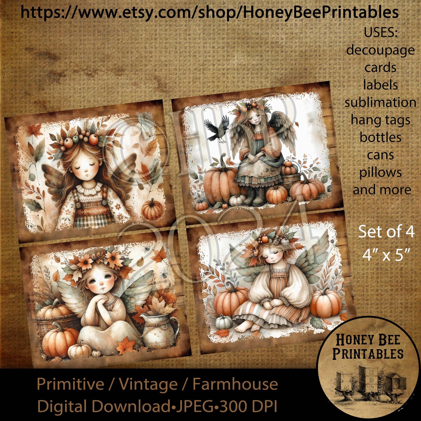 Digital Download, Printable, Decoupage, Primitive, Halloween, Fall Angel, Autumn Pumpkins, crows, cards, labels, tags, Set of 4, 4x5, #2