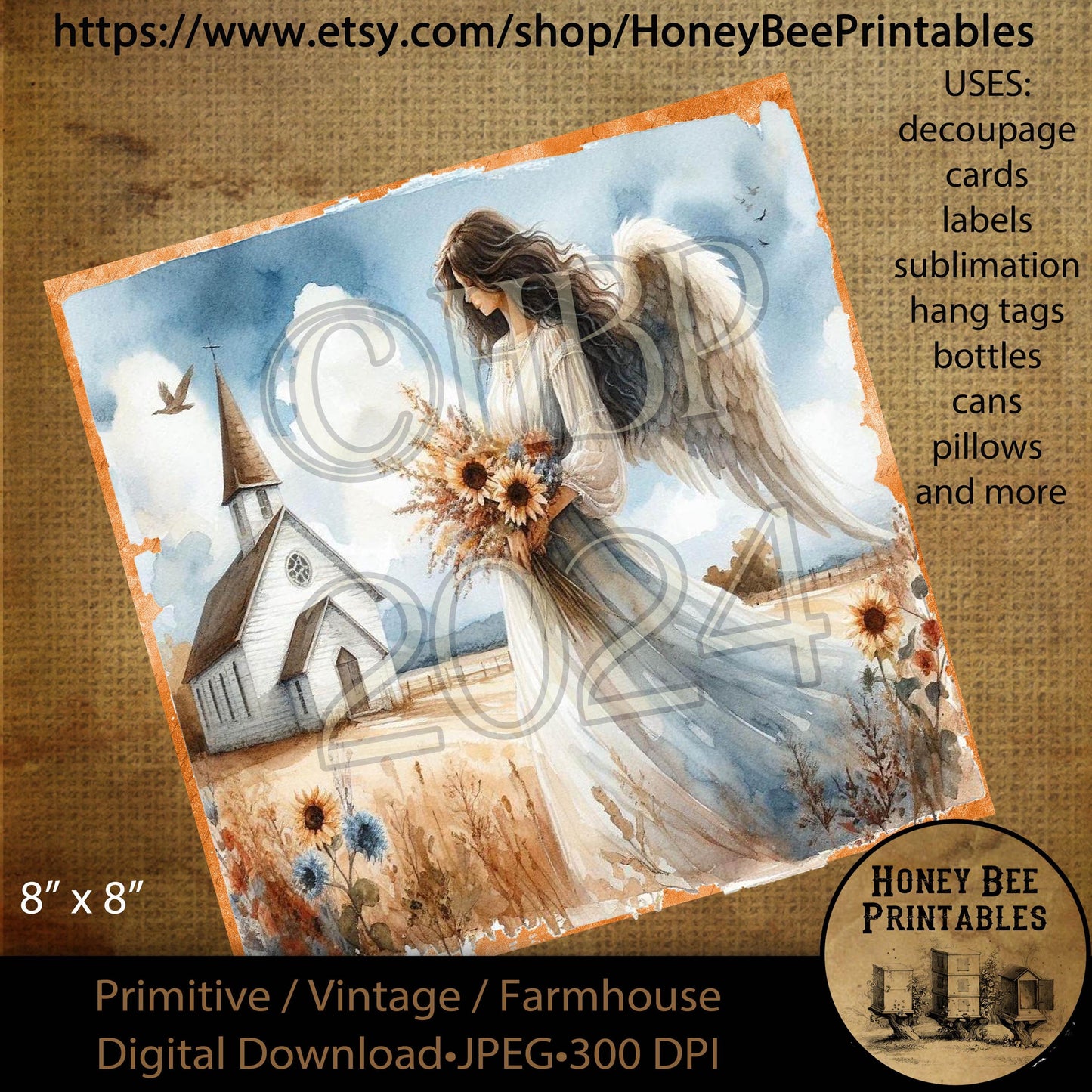 Digital Download, Printable, Decoupage, Vintage, Primitive, Fall, Autumn, Angel, Chapel, Wildflowers, Fall Angel, Church, Inspirational, 8x8